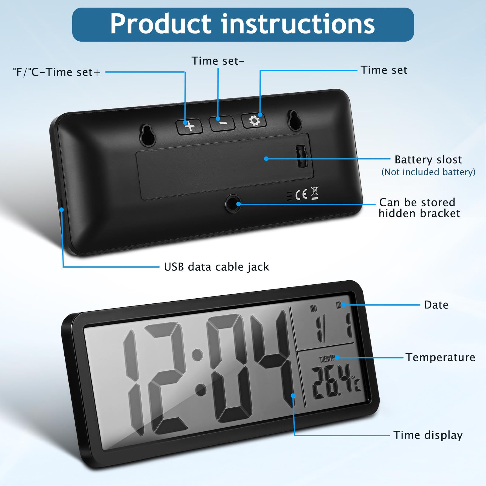 Healifty Digitale LED Wanduhr mit Thermometer und Datumsanzeige Schwarze Abs Wanduhr im Wanddesign für Wohnzimmer und Büro zur Echtzeitanzeige