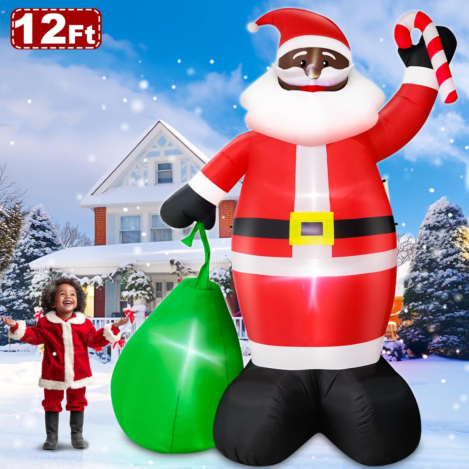 12 Ft by 7.5 Ft Giant Black Santa Christmas Inflatable Outdoor Decoration, Santa Claus Blow Up Inflatable with Candy Cane Gift Bag, Black Christmas Yard Decor Built-in LED Light for Xmas Lawn Garden - Image 3