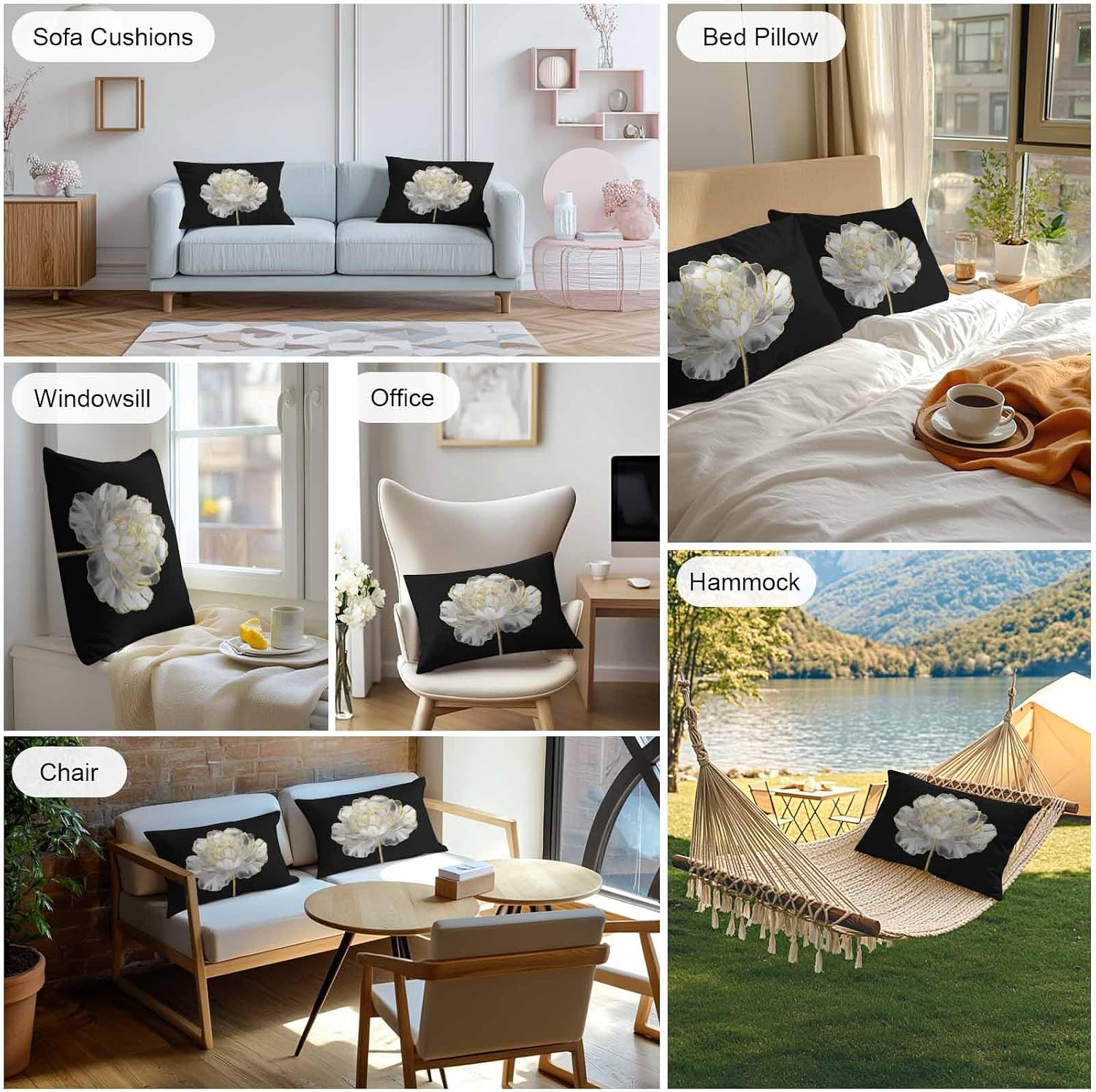 T&H XHome Outdoor Waterproof Throw Pillow Covers 20"x12" Set of 2 White Gold Black Decorative Cushion Cover Pillowcase for Garden Patio Tent Beach Bedroom Living Room Sofa Couch