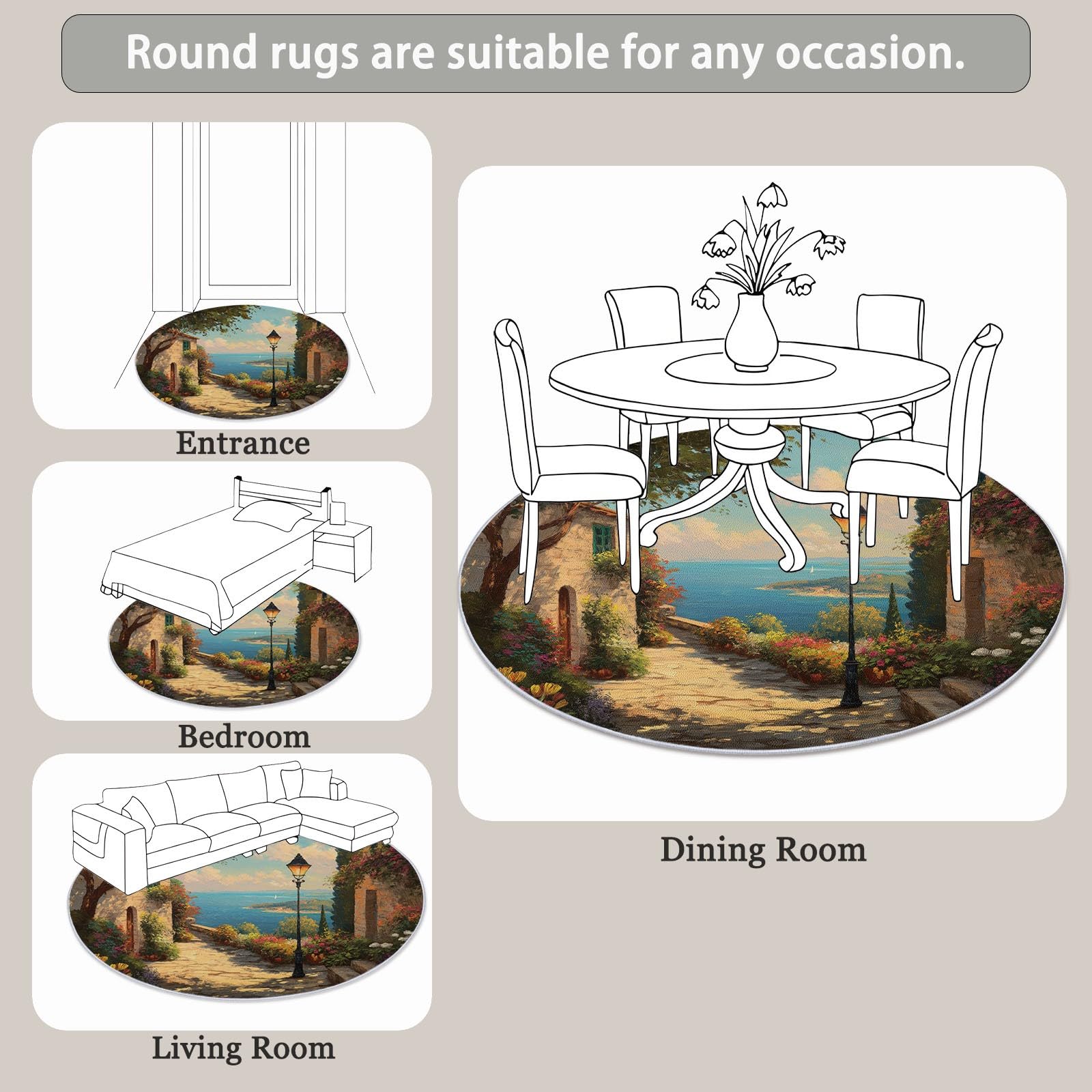 Genérico Alfombra Redonda para Comedor Paisaje Natural Motivo Alfombra Antideslizante Suave y esponjosa para Sala de Estar, Dormitorio, habitación Infantil, 150 cm, Vistoso