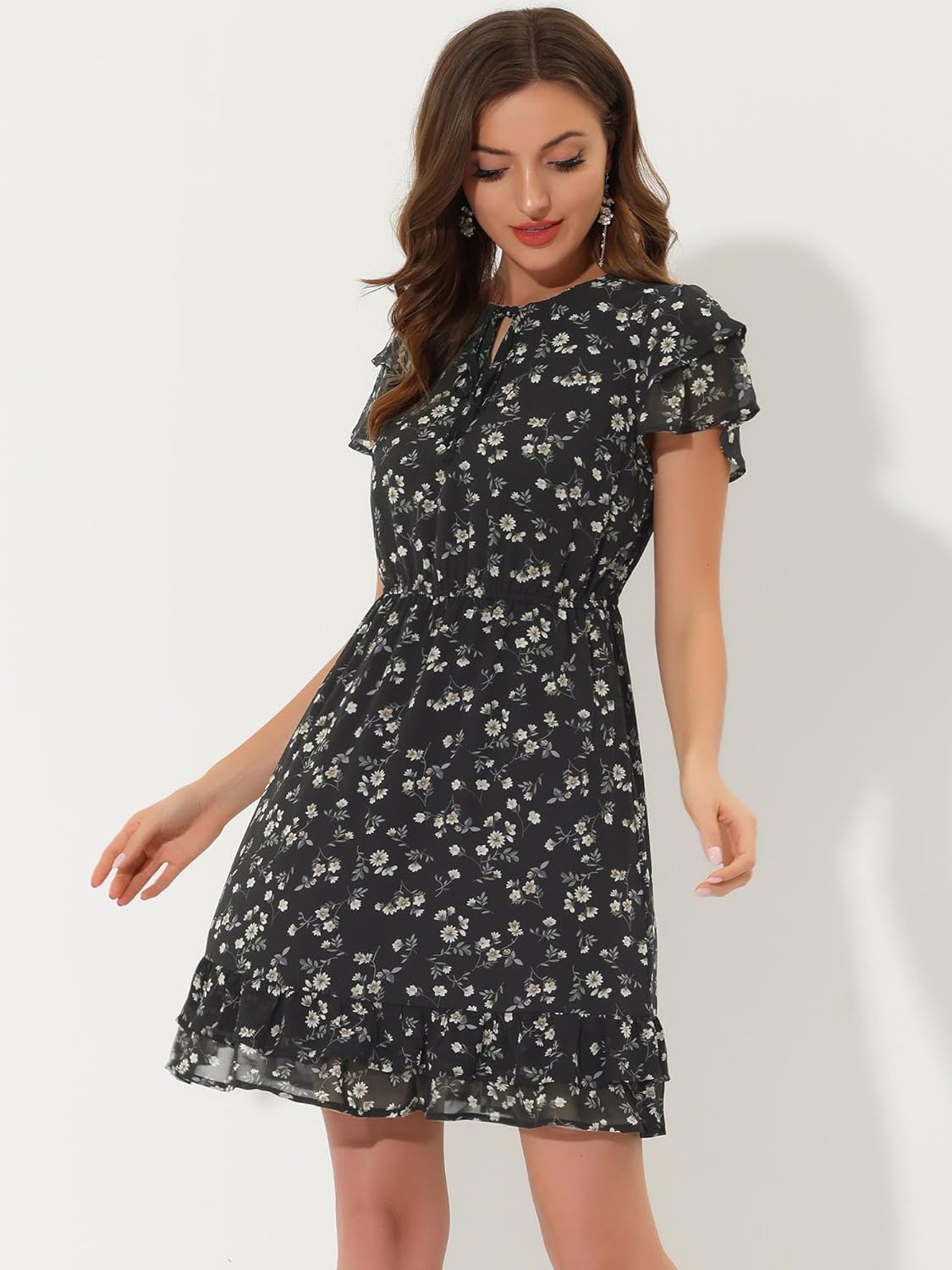 Allegra K Women's Ruffle Sleeve Self-Tie V Neck Flowy Ruffled A-Line Floral Chiffon Dress - Image 2