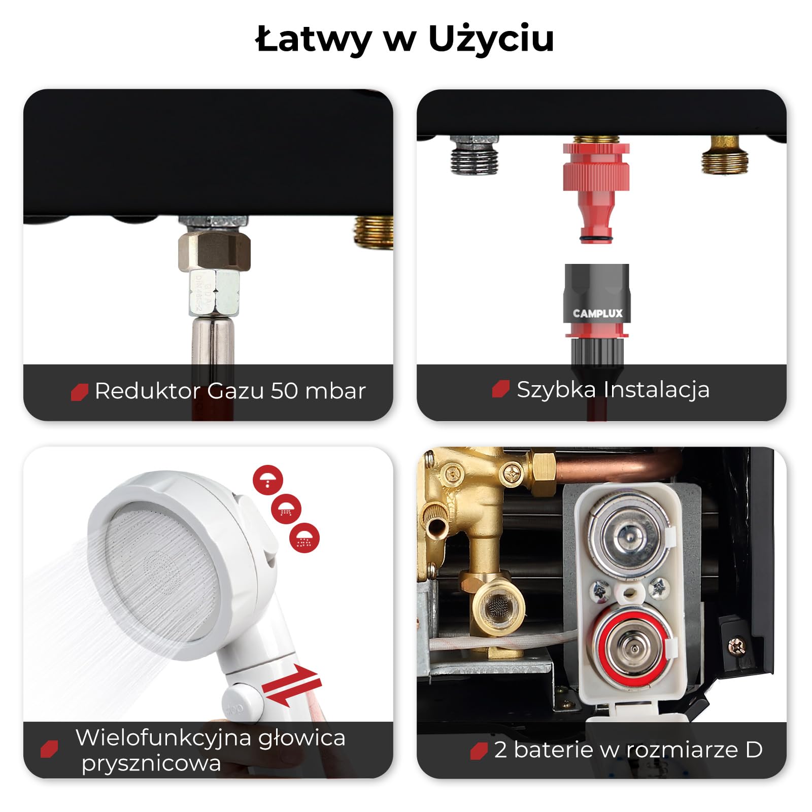 Camplux BW264BC-DE gazowy podgrzewacz przepływowy wody, 10 l, 50 mbar, z korkiem przeciwdeszczowym ze stali nierdzewnej, propan/butan, do prysznica kempingowego, wycieczek kampera, konia myjącego
