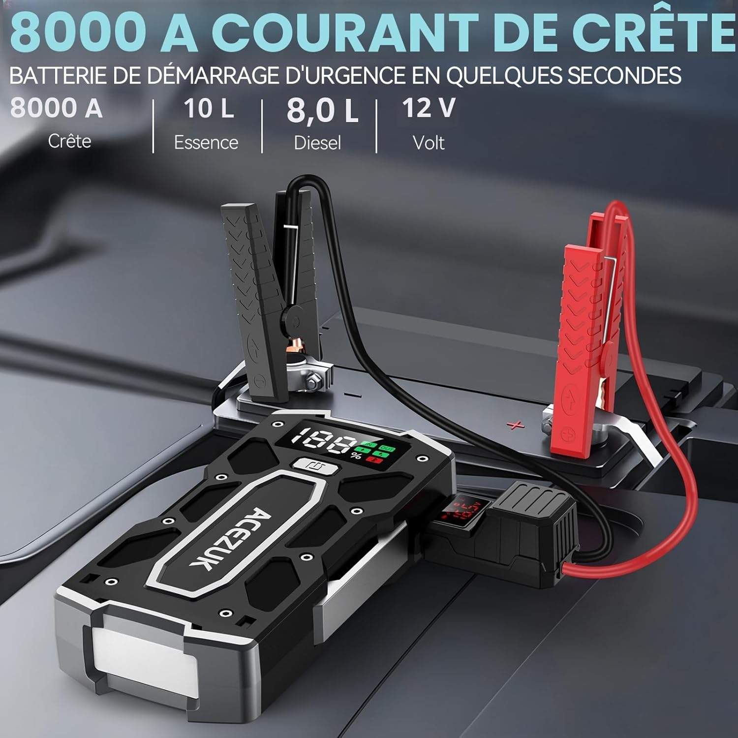 ACEZUK Booster Batterie Voiture 8000A, Démarreur de Batterie de Voiture Portable(Jusqu'à 8.0L Diesel ou 10.0L Gaz), 12V Jump Starter, Pinces Intelligentes avec Écran, Lumière LED, Port de QC3.0 — vue 2