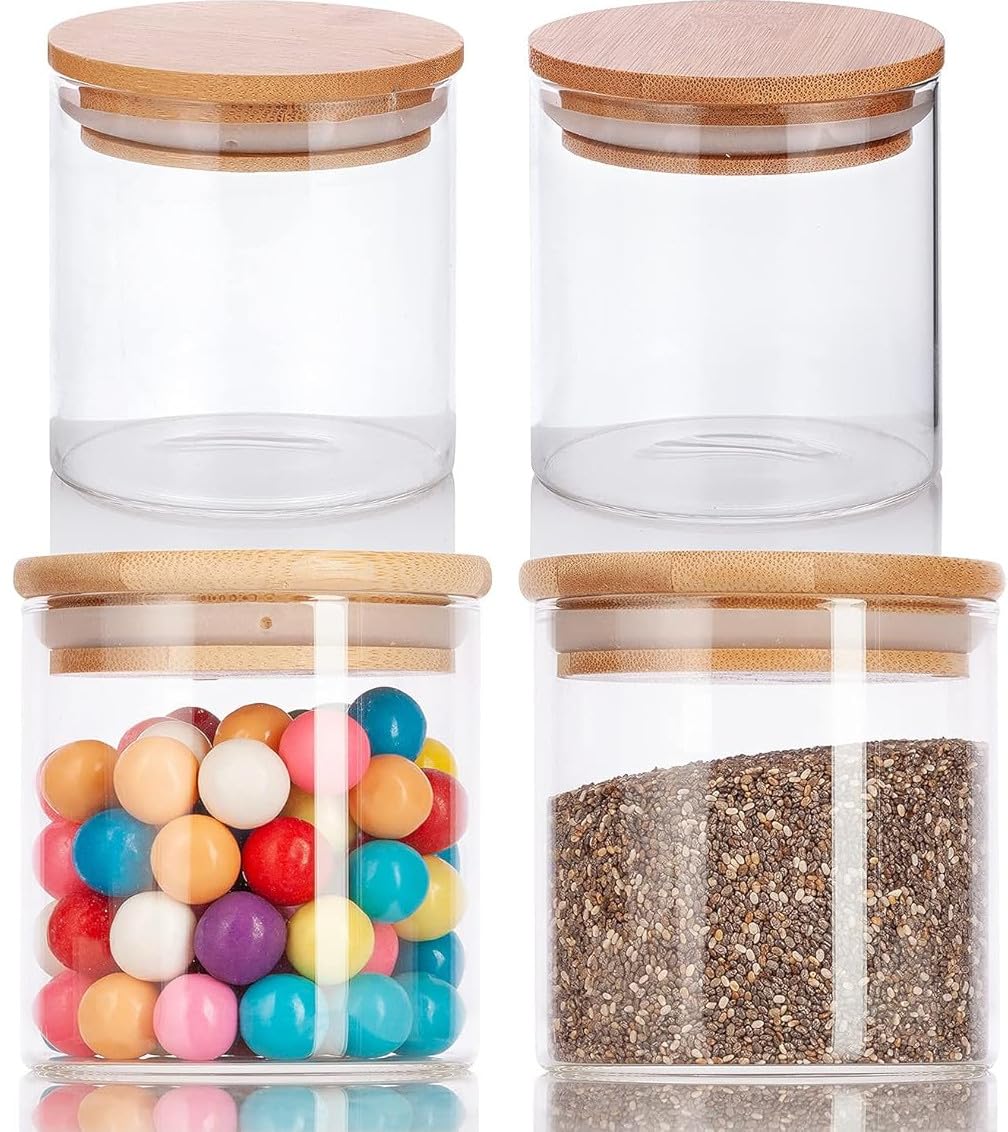 JUVITUS Paquete de 4 tarros de borosilicato de vidrio transparente de 10 onzas con tapa sellada de silicona de bambú