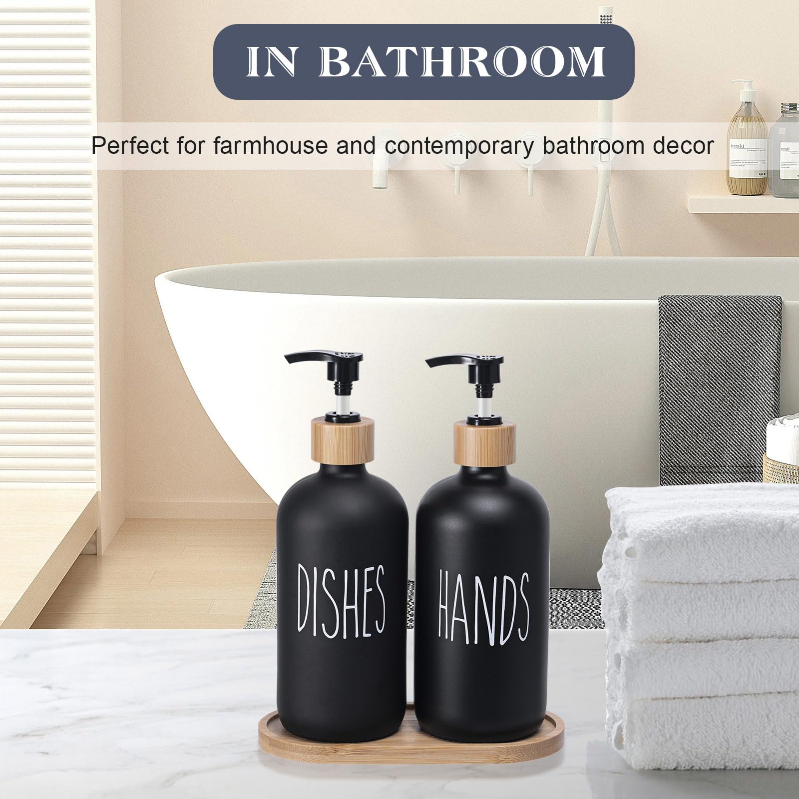Elegante set di dispenser di sapone in vetro con vassoio - Decorazione nera e bianca per bagno e cucina - Capacità di 500 ml (bianco+nero)