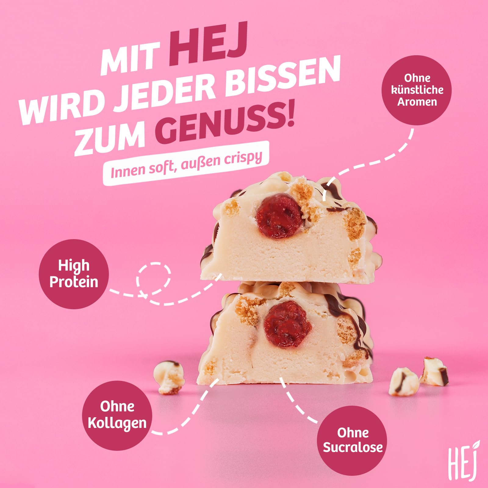 HEJ Crispy Protein-Riegel - Zuckerarmer High-Protein-Snack - Mit 12g Eiweiß - Vegetarisch - Ohne Künstliche Aromen & Sucralose - White Chocolate Strawberry 12 x 45g