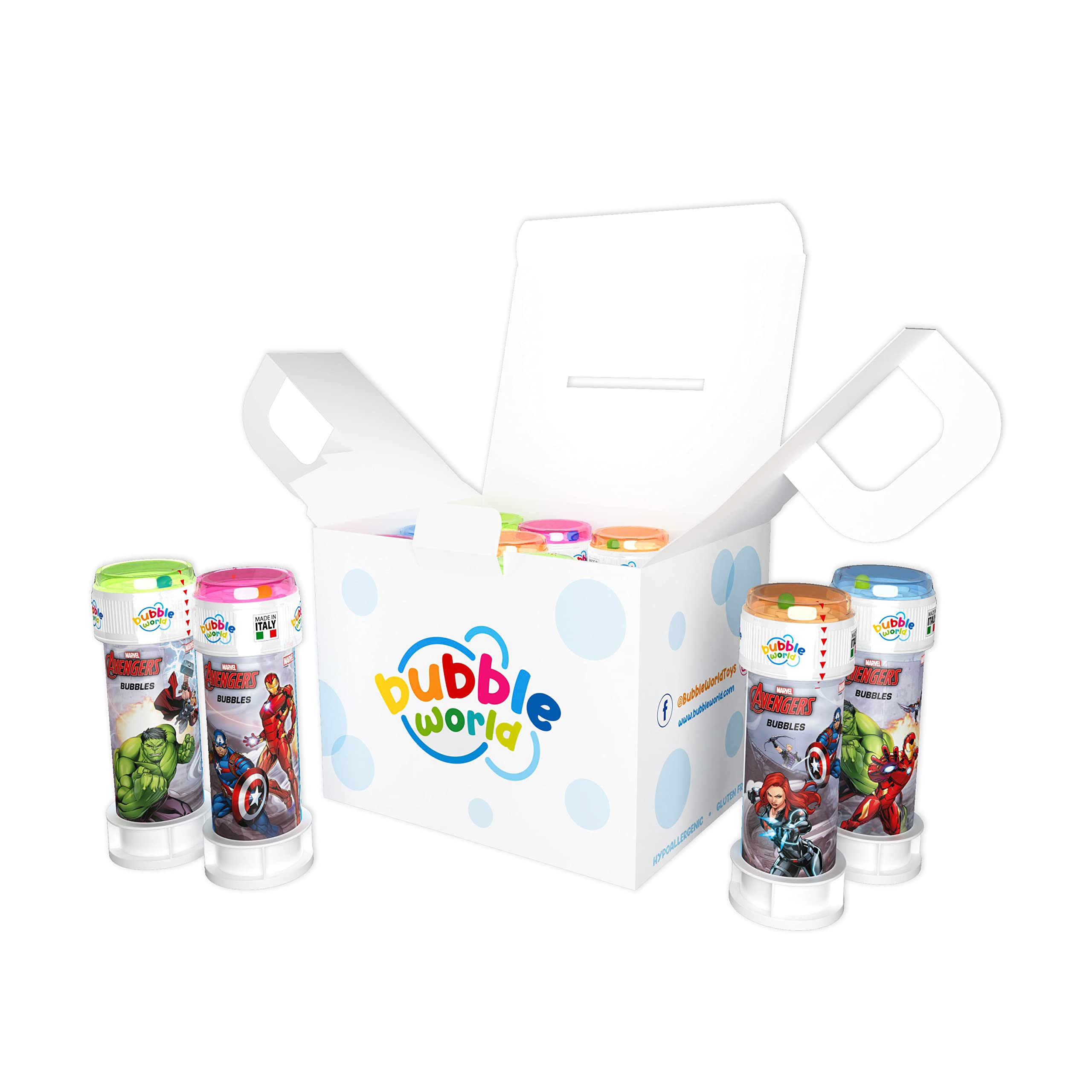 Bubble World – Avengers Party Pack – 12 Seifenblasenflaschen – 60 ml – Einfarbige Flaschen mit integriertem Blasgerät – Perfekt für Geburtstagsfeiern – Hergestellt in Italien
