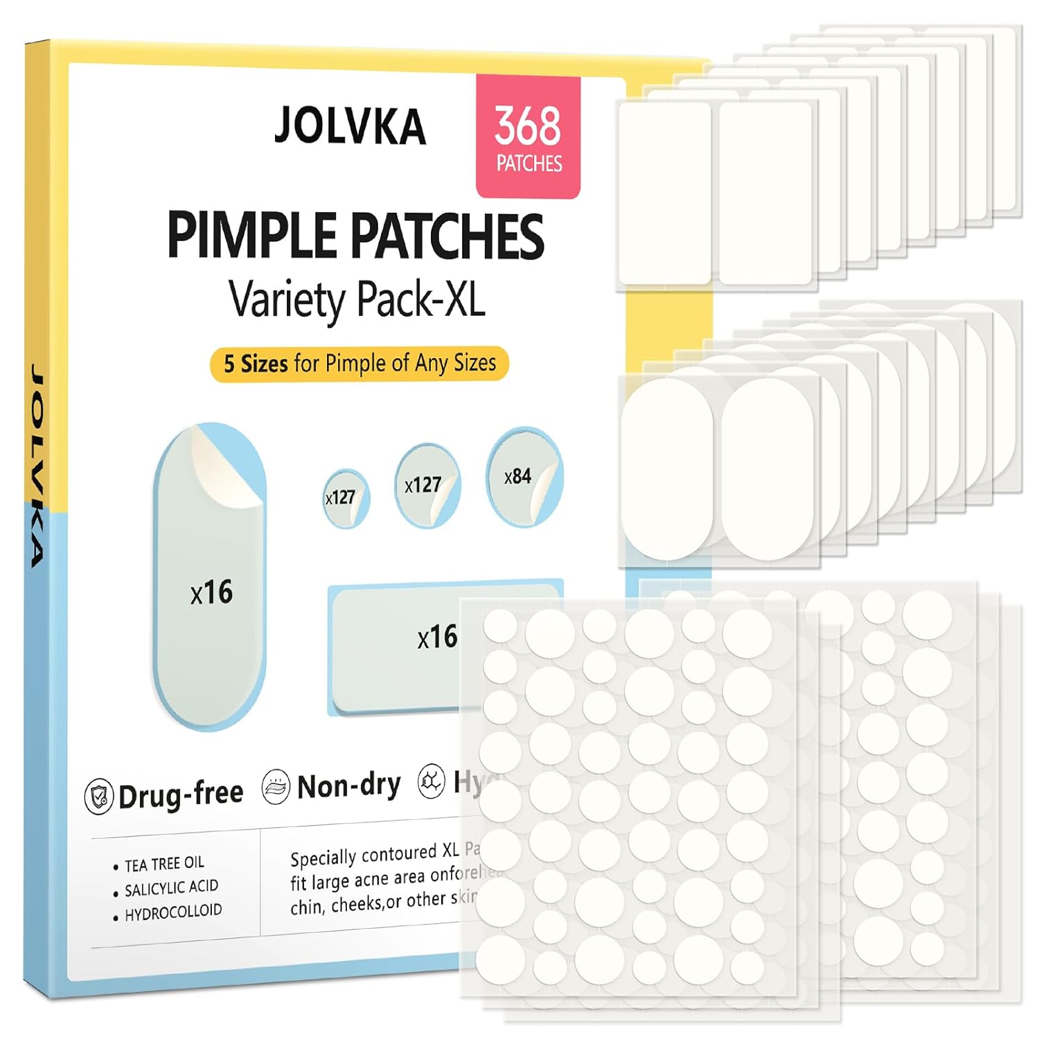 Pimple Patches for Face 368 Counts 5 Sizes Large Patches Hydrocolloid Blemishes Patch Spot Dots Cover for Body