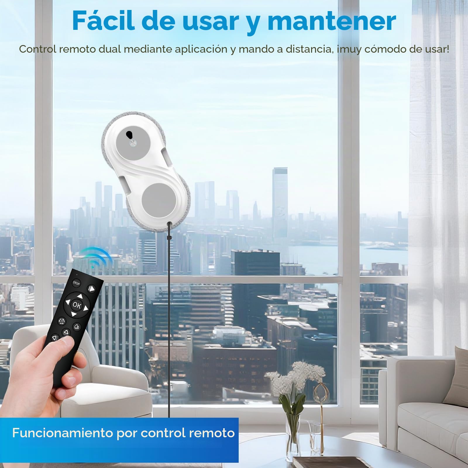 Robot Limpiacristales, 8000Pa Robot Limpia Cristales Ventanas avec Sistema de Pulverización Bidireccional, Navegación Inteligente y Seguridad Anticaídas, Mando, para Todas Las Superficies Lisas