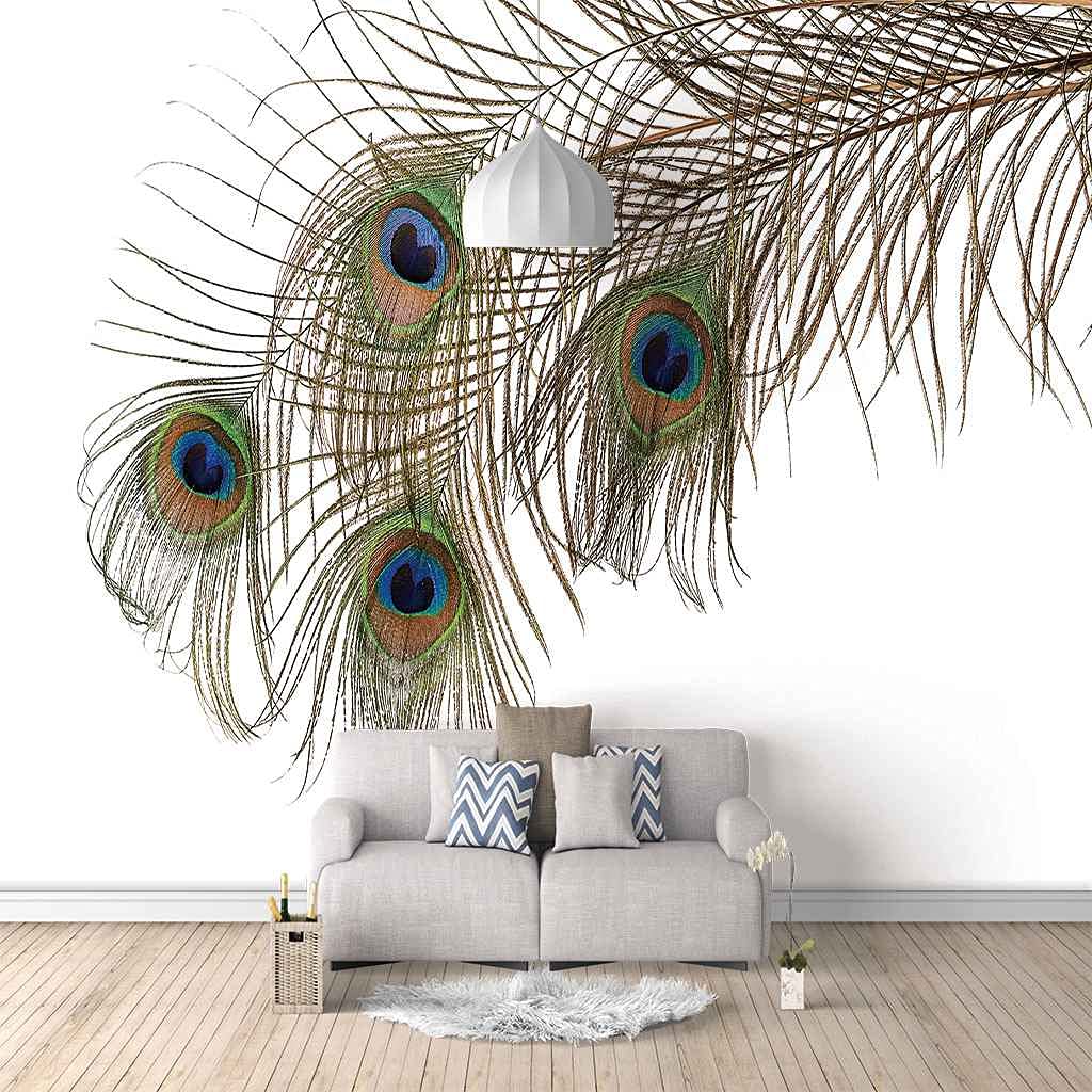 Décoration murale plume de paon papier peint auto-adhésif 3D grand format