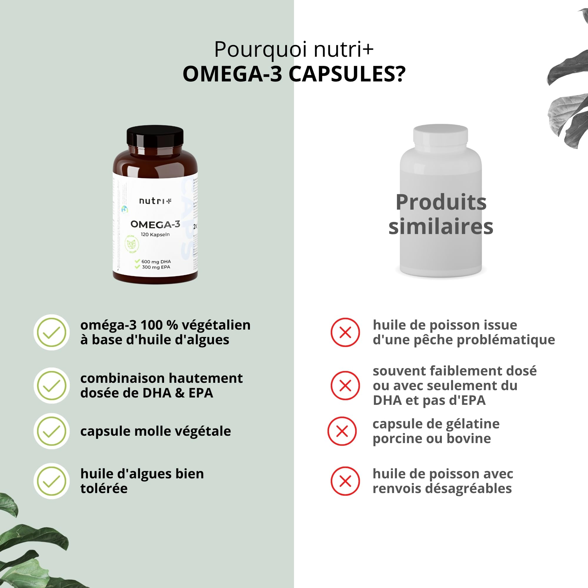 Nutri+ Vegan Omega-3-2000 mg d'huile d'algues hautement dosé avec 600mg DHA & 300mg EPA - gélules végétaliennes oméga-3 de haute qualité (végan) - testé en laboratoire - 120 caps
