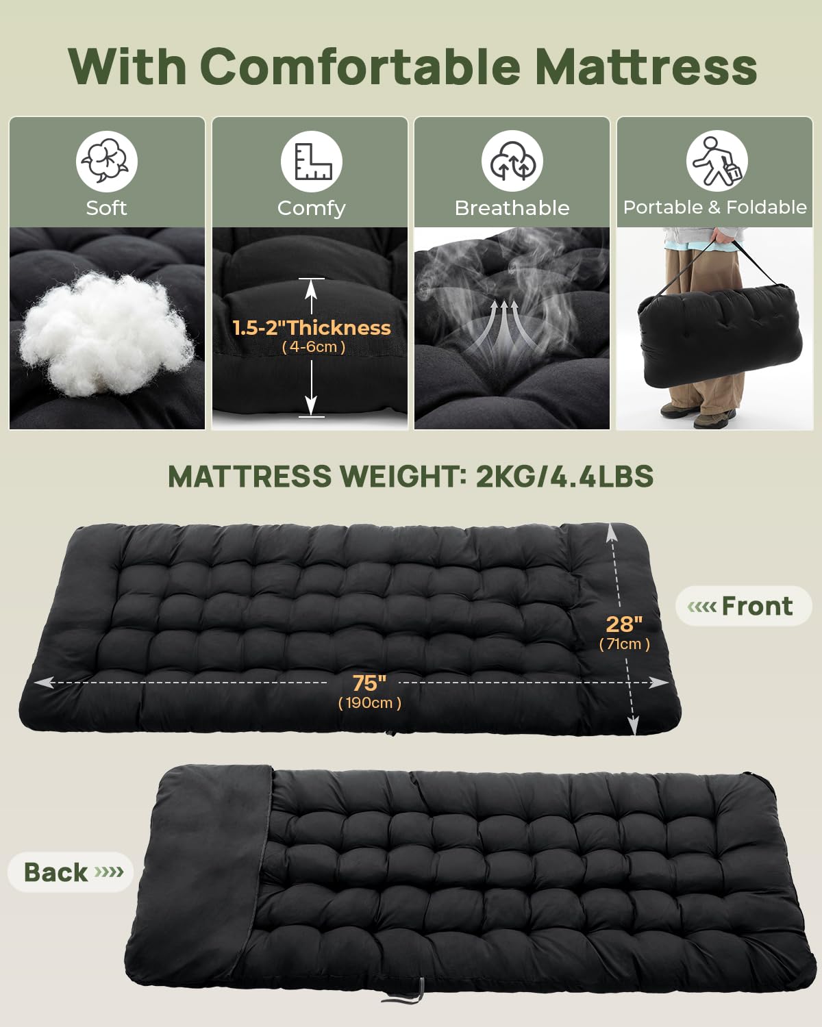 lit de Camp avec Matelas pour Adultes, 71/81cm lit de Camp Pliable 1 Personne Charge Jusqu'à 204 Kg pour Camping, Les Voyages, la Maison, Jardin
