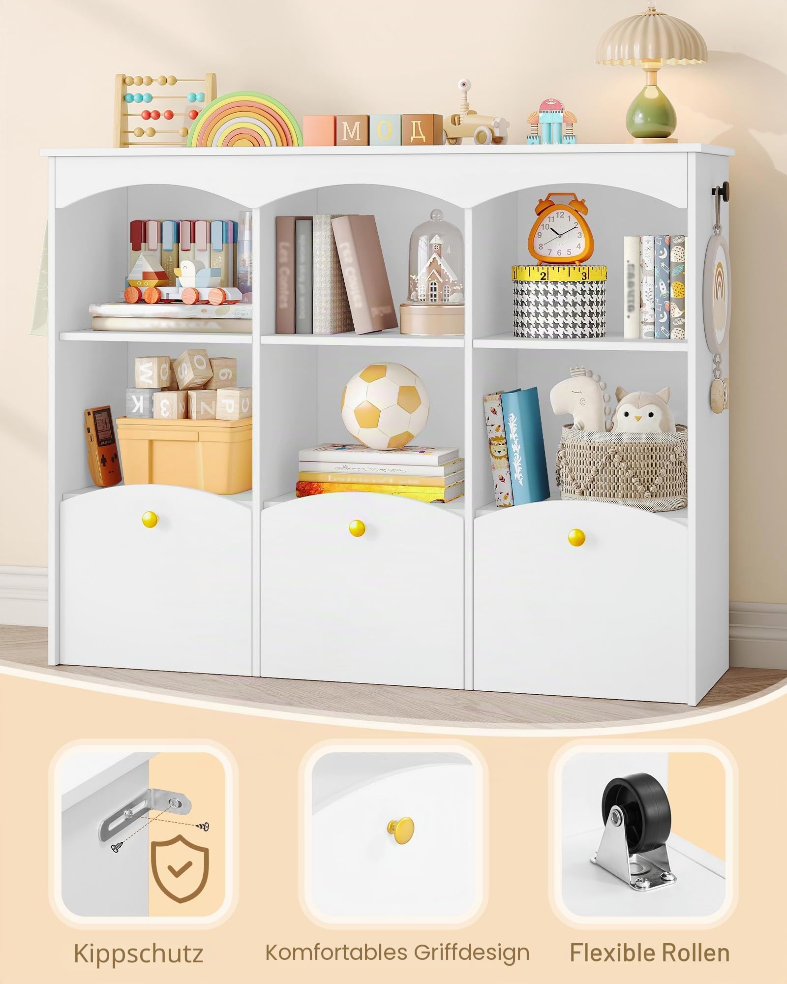 Hzuaneri Kinderregal 103 cm Breite, Kinderzimmer Möbel Weiß | Kinderregal mit 3 Rollboxen, 6 offene Fächer, Spielzeug Aufbewahrung, für Kinderzimmer Wohnzimmer, 30 x 103 x 80 cm, KB33303X