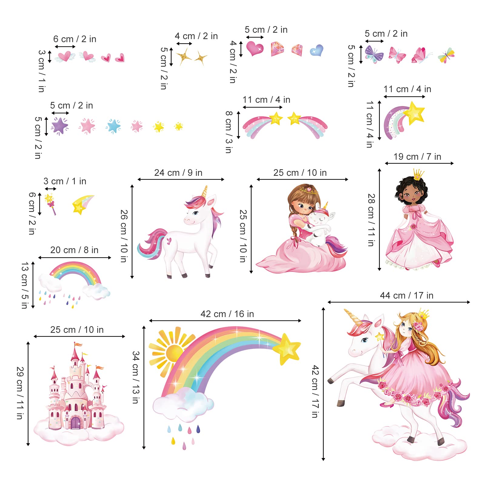 Adesivi Murali Wondever Unicorno Principessa - Per Camere Bambine, Design Arcobaleno E Castello