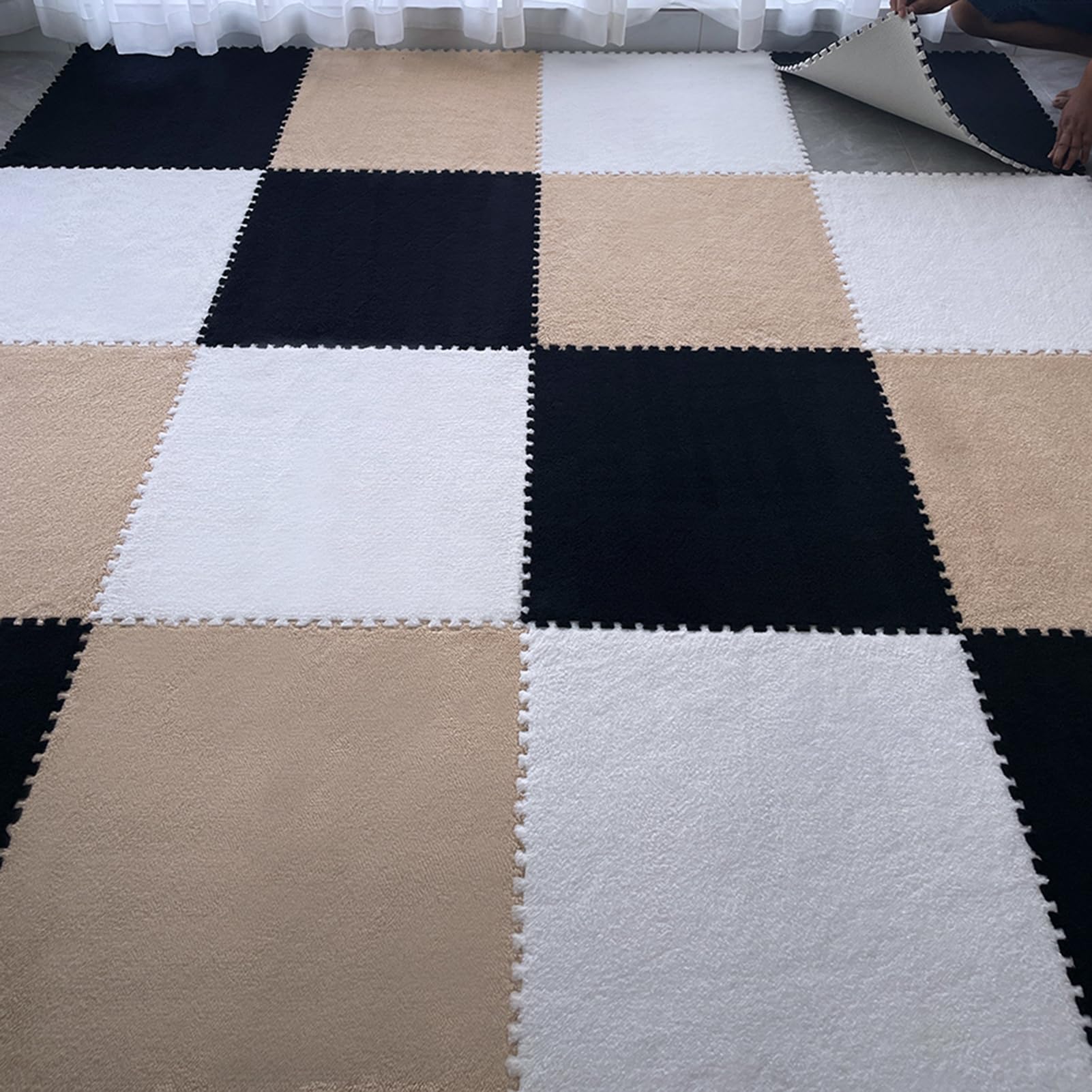 Tapis doux à épisser en mousse pelucheuse grand tapis de sol chambre enfant 5 dalles noir