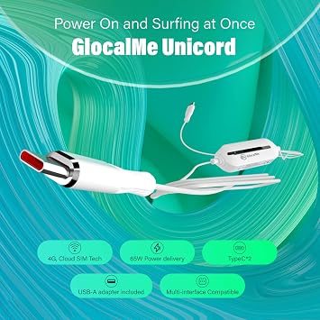 GlocalMe UniCord Charging Cable and Numen Air 5G Hotspot with 50GB US/CA/MX Data 90Days