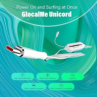 GlocalMe UniCord USB C Cable with 4G WiFi Mobile Hotspot, Register for 1GB/Month Data for 3 Months and 10GB US Data, 65W Fast Charging Cable with a USB A, 3.2ft Type C for Phone, Tablet, Laptop