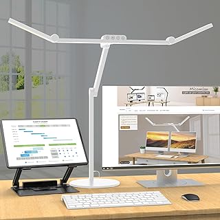 Micomlan Led Desk Lamp with Atmosphere Lighting, Rotatable Tall Architect Desk Lamp for Home Office with Swing Arm, 24W Bright Auto Dimming Adjustable Computer Light with Base for Table