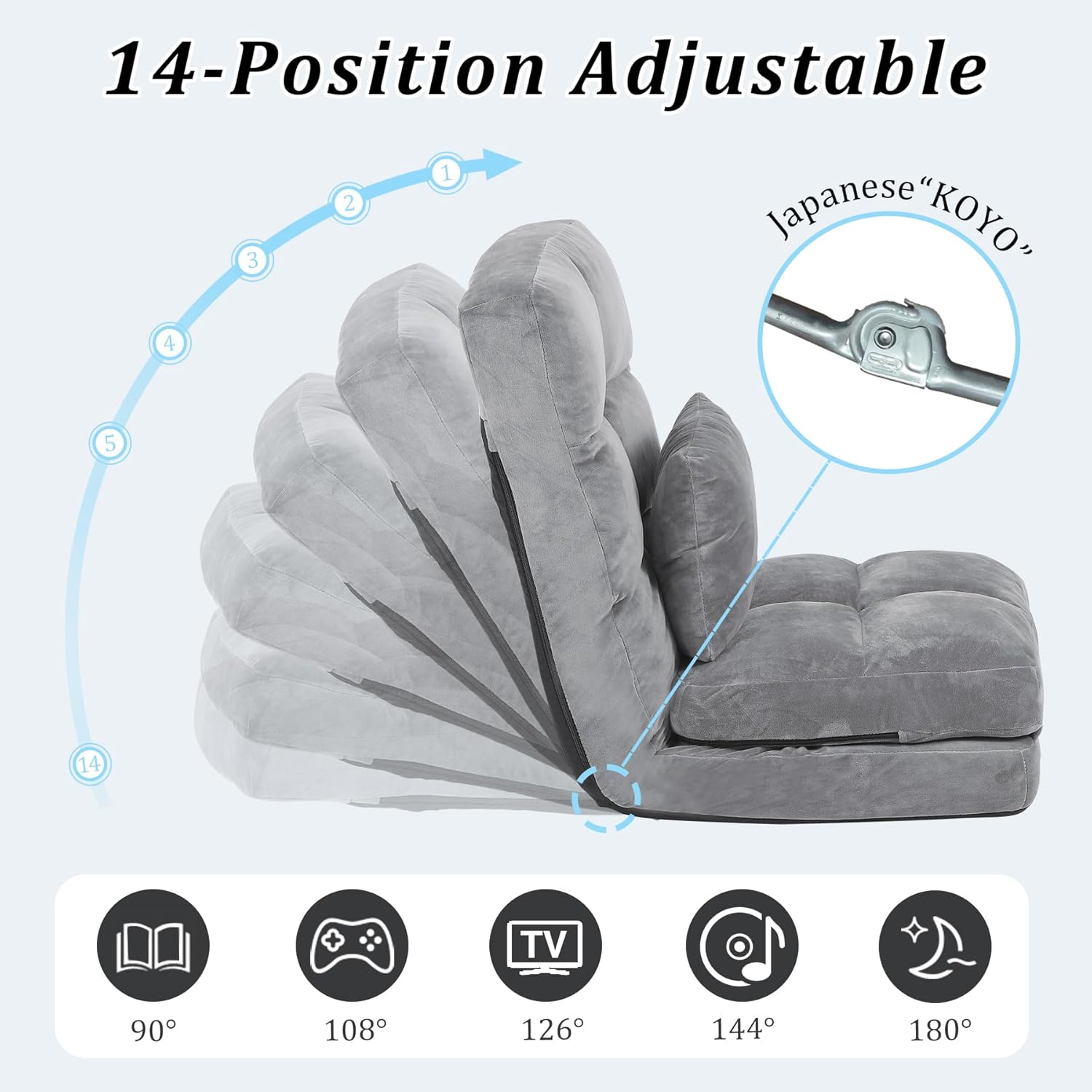 Indoor Chaise Lounge Sofa, Floor Chair with Back Support for Adults, 14 Angle Adjustment Recliner Chair, Folding Floor Lounger with Pillow (Grey)