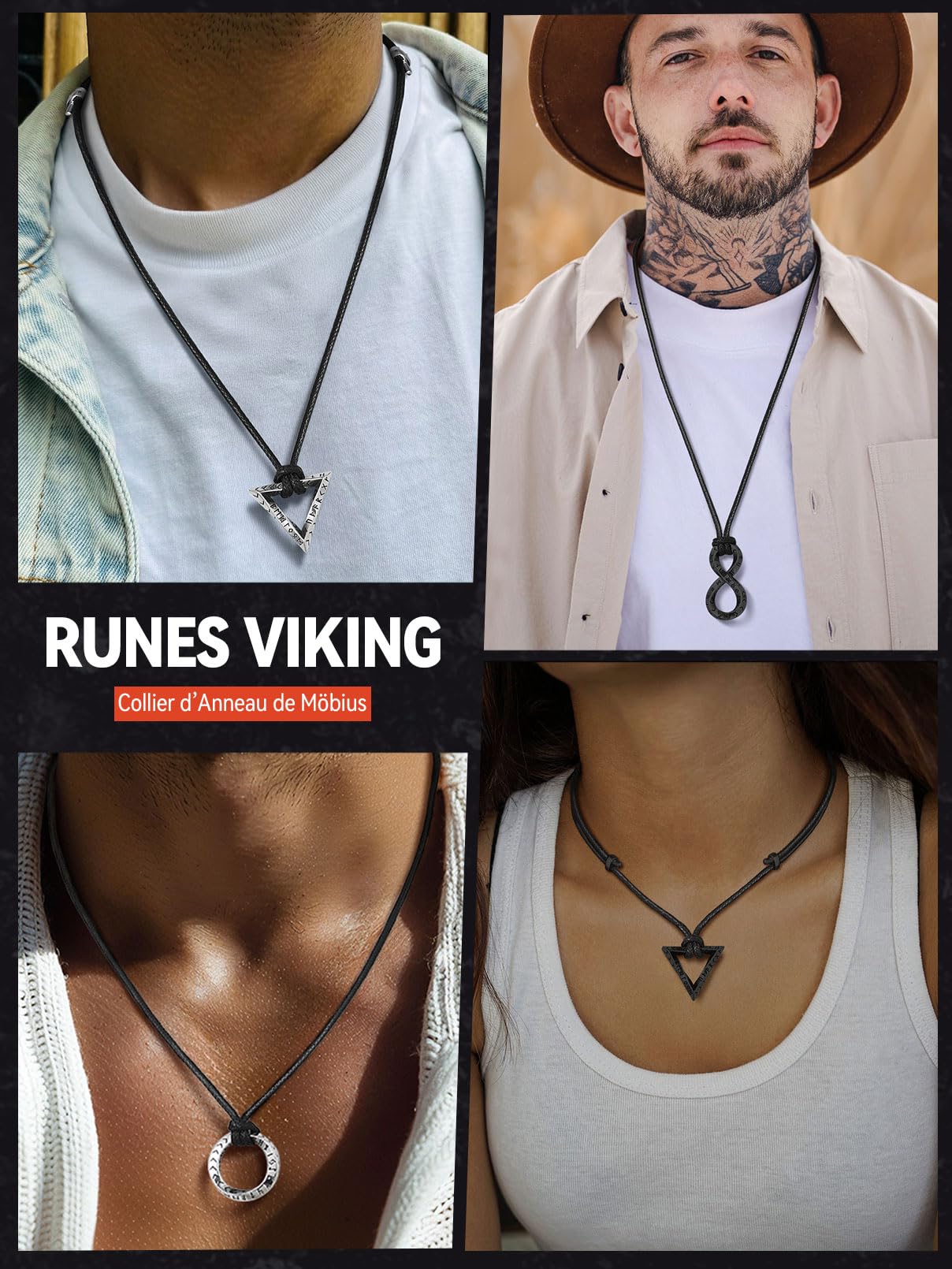 FaithHeart Collier Viking Homme, Pendentif Anneau de Möbius Acier Inoxydable, Cordon Cuir Pendentif Runique Rond/Triangle/Infini/Barre/Troll, Bijoux Amulette Porte Bonheur