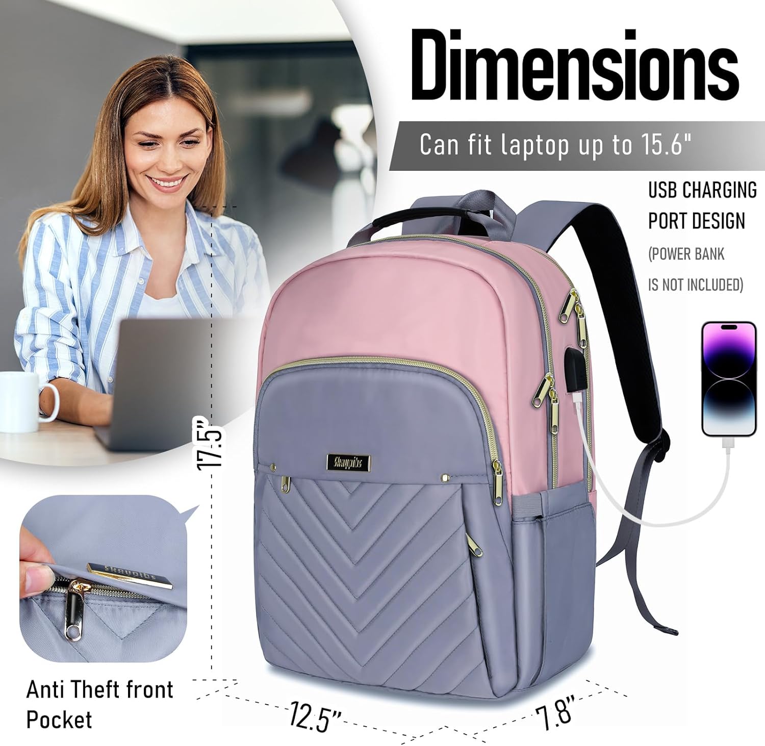 Skaypibs Backpack for Women, College High School Bookbag, 15.6 Inch Laptop Backpack with USB Charging Port for Teacher Nurse, Waterproof Daypacks for Work Travel Anti-theft Pink Grey
