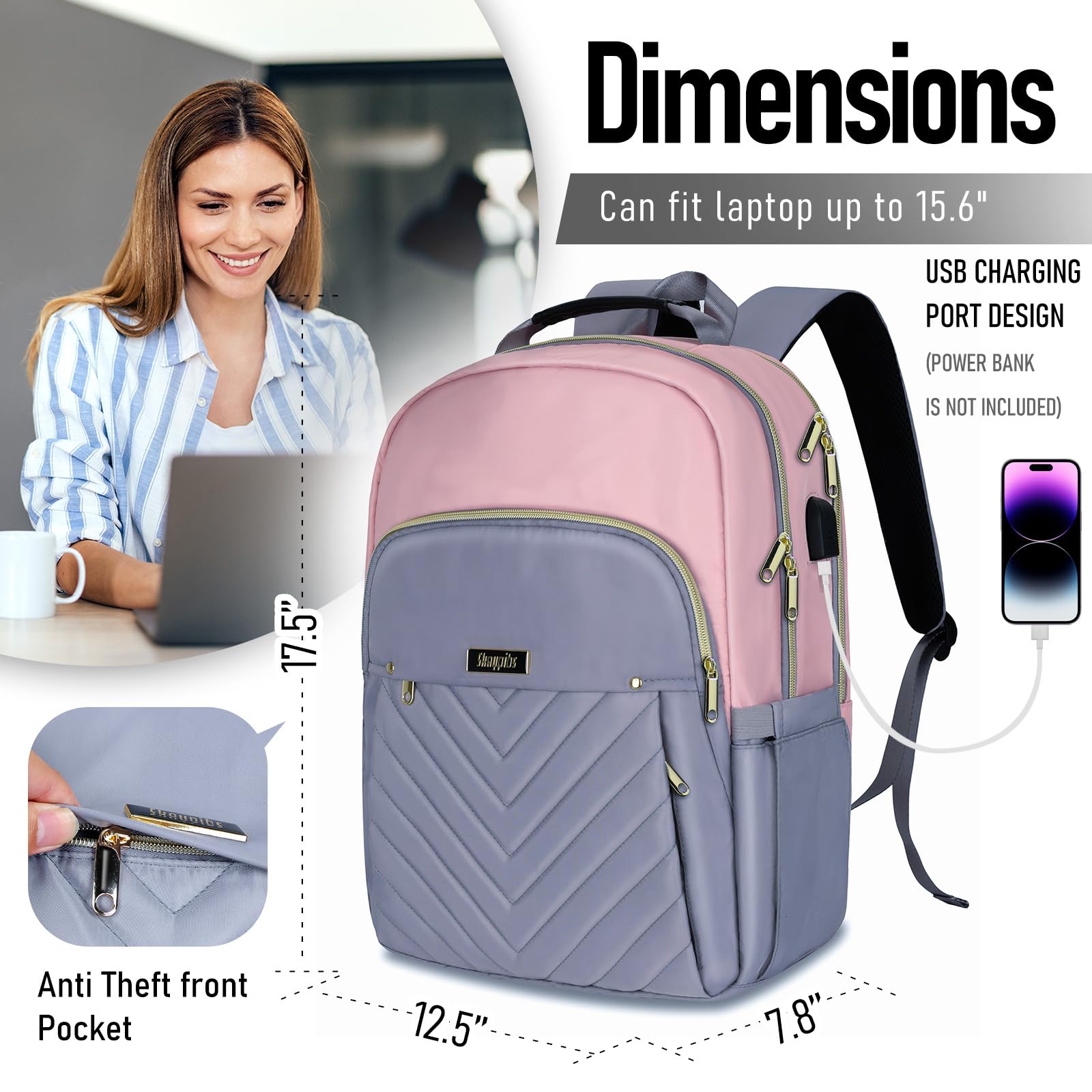 Pink Grey Mini Waterproof Daypack Backpack for Women with USB Port Travel Backpack for Women, Carry On Backpack with USB  main image 4
