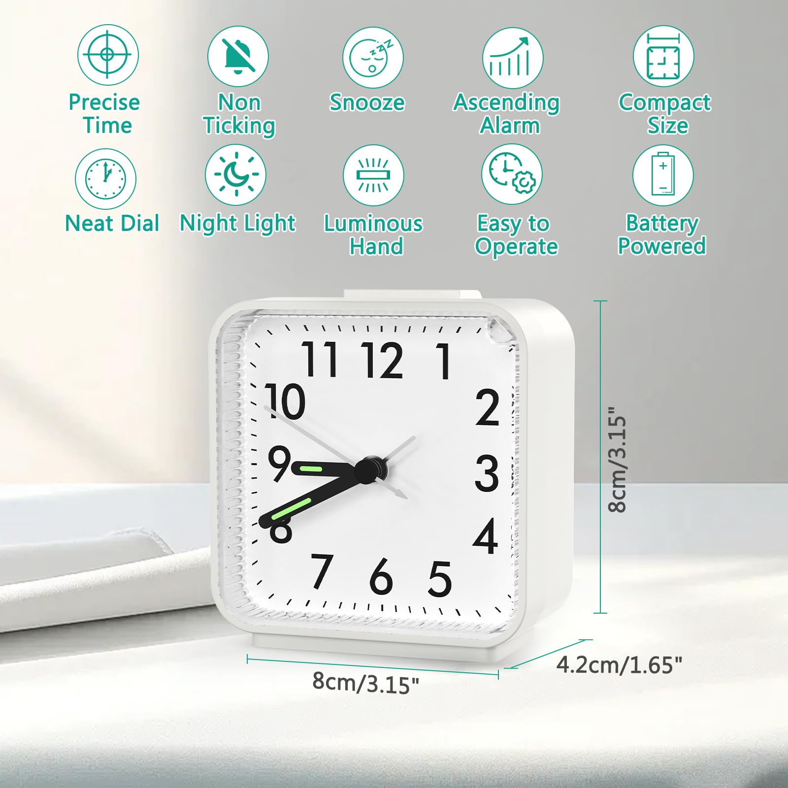 ORIA Reloj Despertador Analógico, Despertador Silencio Sin Tictac, Función de Repetición y Luz, Funciona con Pilas, Alimentado por 1 Pila AA (No Incluida) - Blanca