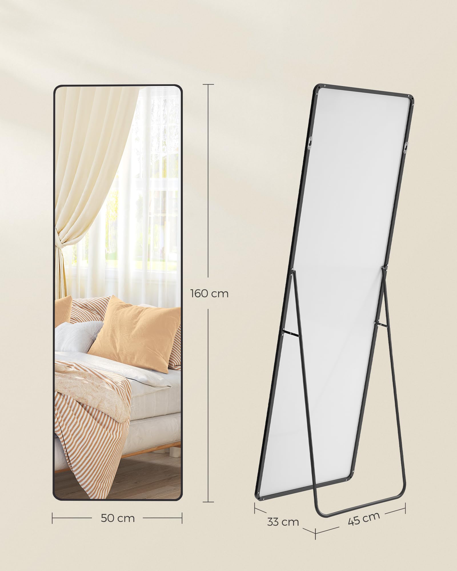 SONGMICS Specchio a Figura Intera, 160 x 50 cm, Specchio da Terra Rettangolare con Supporto, Cornice in Lega di Alluminio, Vetro Temperato, Camera da Letto Soggiorno, Nero Inchiostro LFM030B01