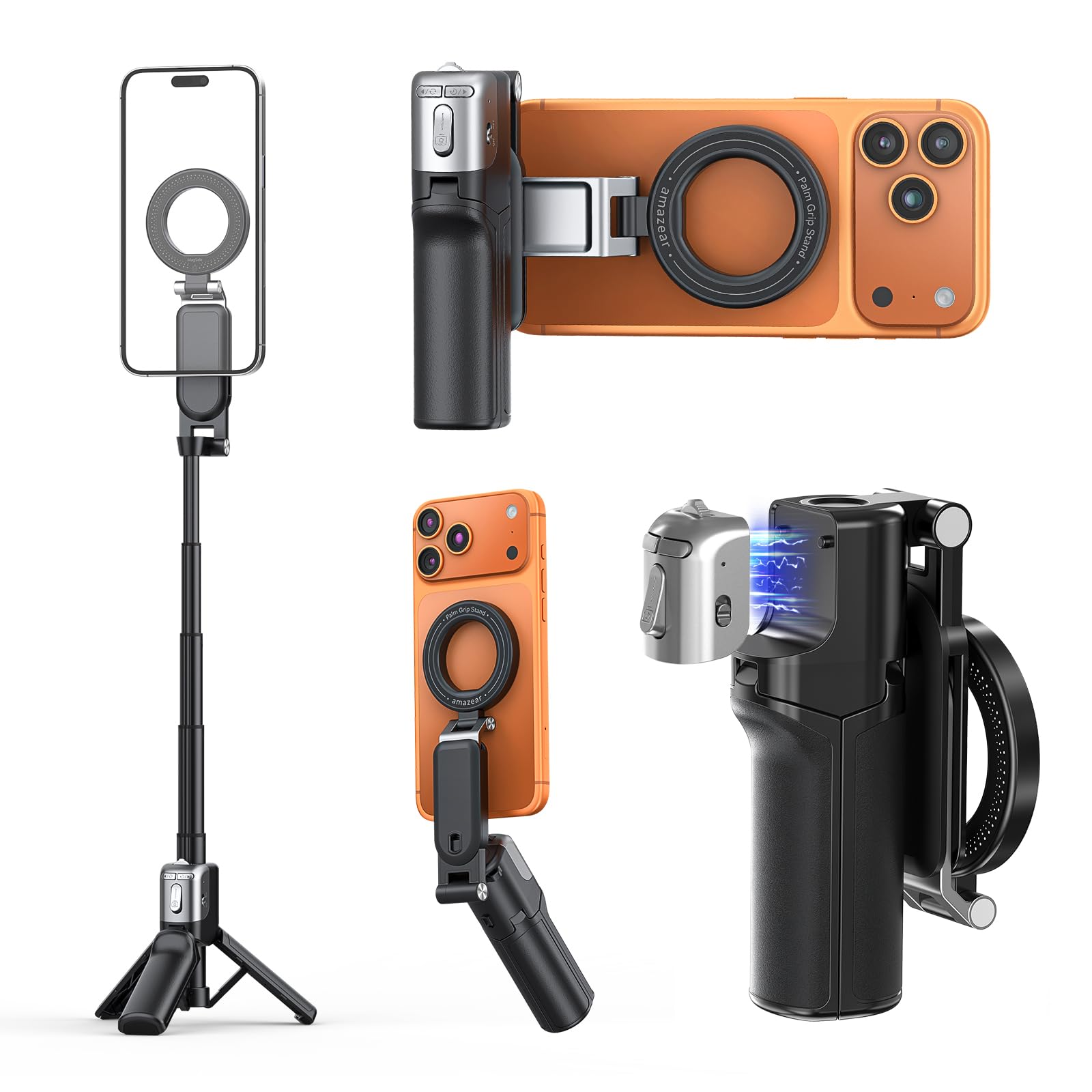 AMAZEAR Magnetisches 4-in-1 Selfie Stick Stativ, Bluetooth, Mattschwarz