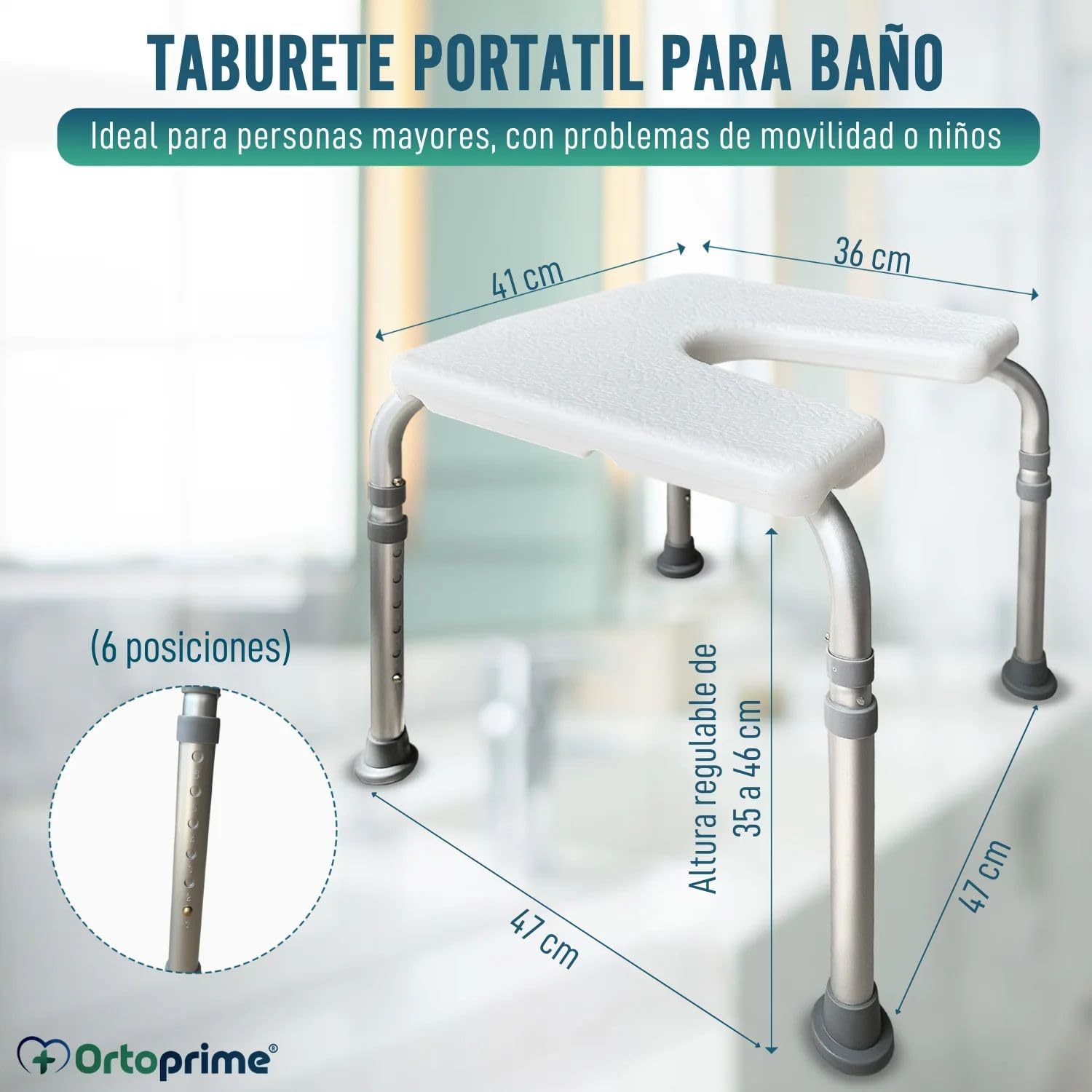 OrtoPrime Taburete Baño Ducha Forma de U Higiénico - Banqueta Baño Adultos - Silla para Ducha para Personas Mayores - Taburete Ducha para Mayores - Silla Ducha Mayores - Taburetes para Baño Confort