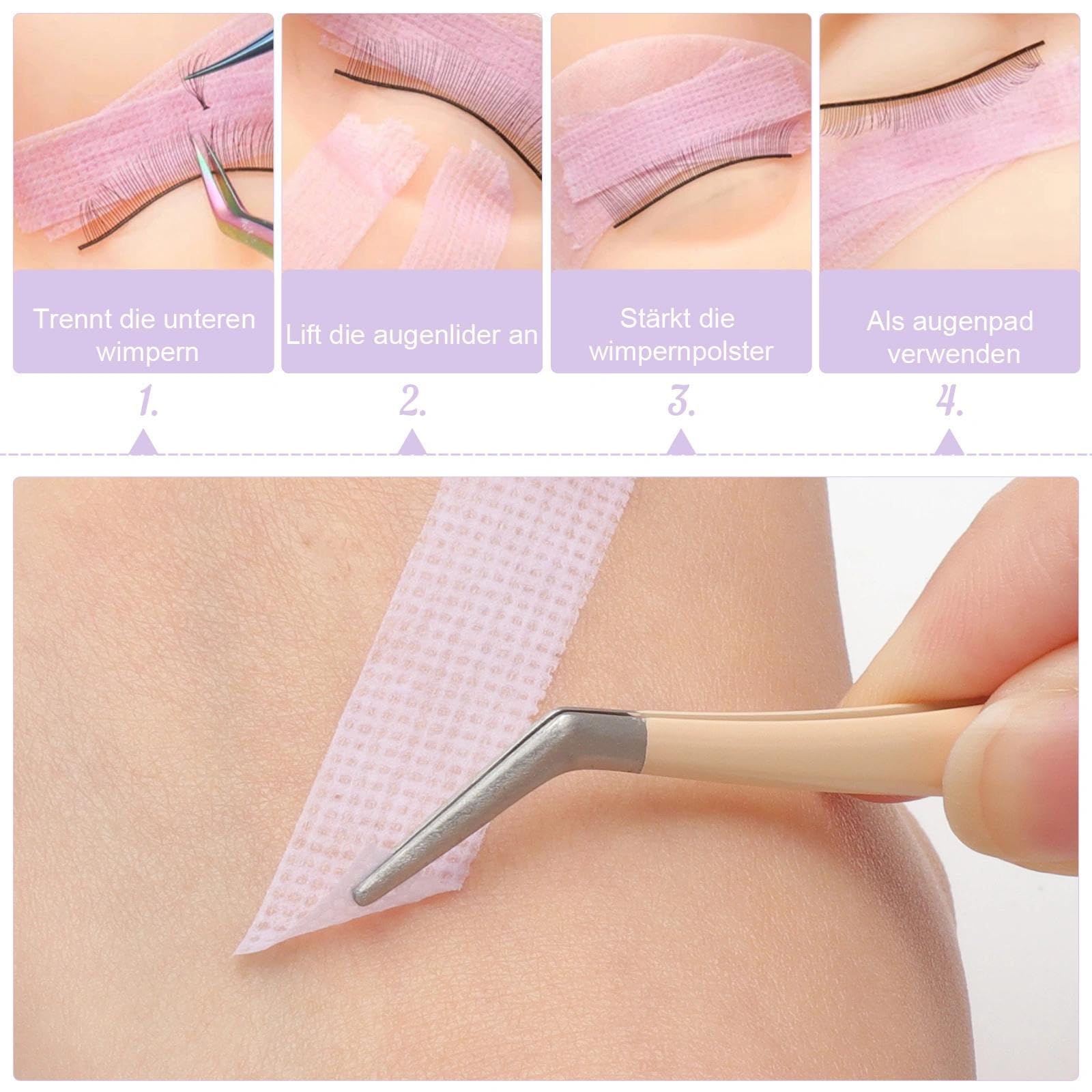 VOSSOT 6 Rollos Cinta Extensión de Pestañas Para Extensiones Lash Tape Adhesiva Cinta Micropore para Pestañas Transpirable Impermeable de Gel Color Morado Incluye Pinzas 1.25cm*9m