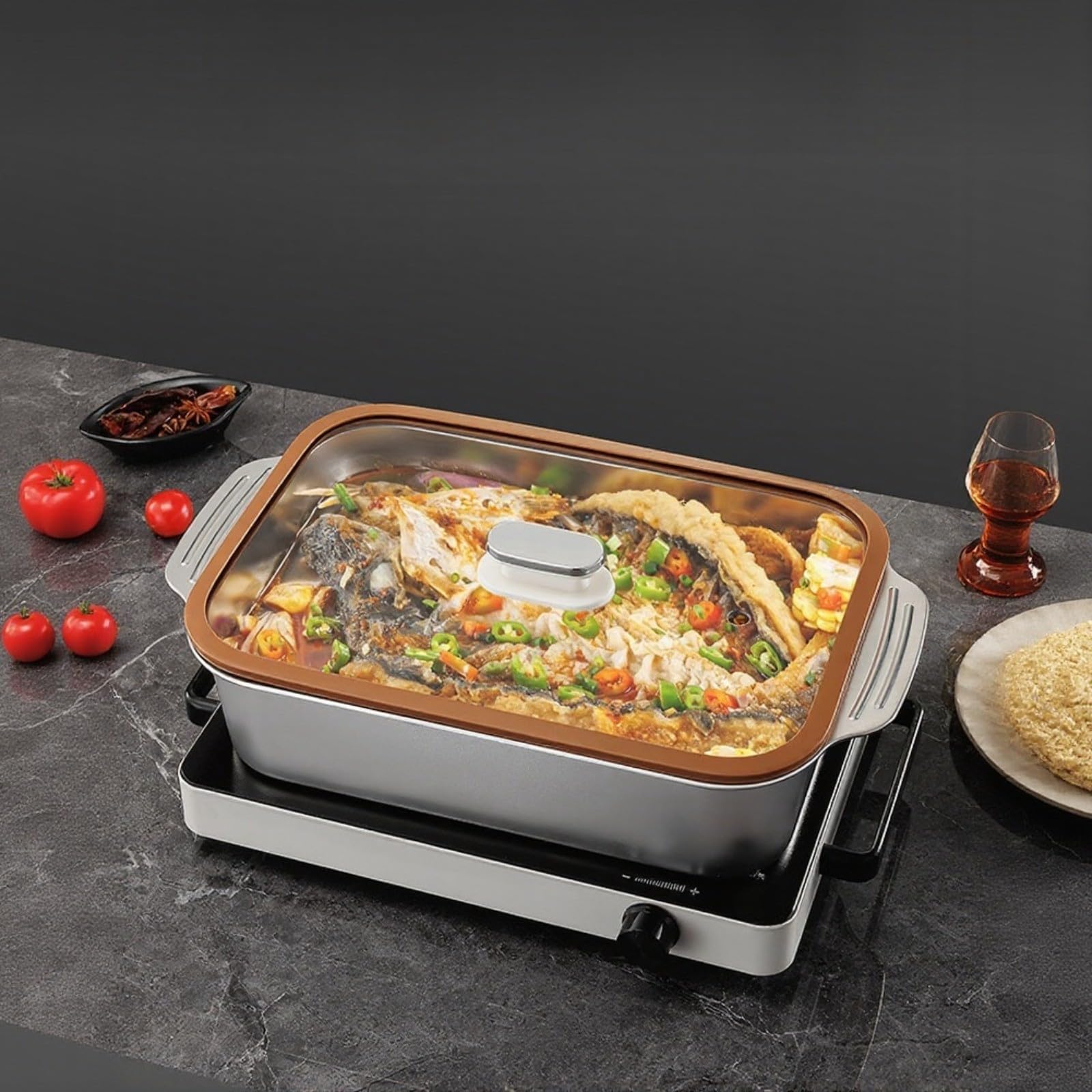 RichVibe Rechteckige Grill-Fischplatte aus Edelstahl, mit offener Flamme und Induktionsherd, kompatibel für Außen- und Innen-Kochen, 45 cm (45 flacher Deckel)