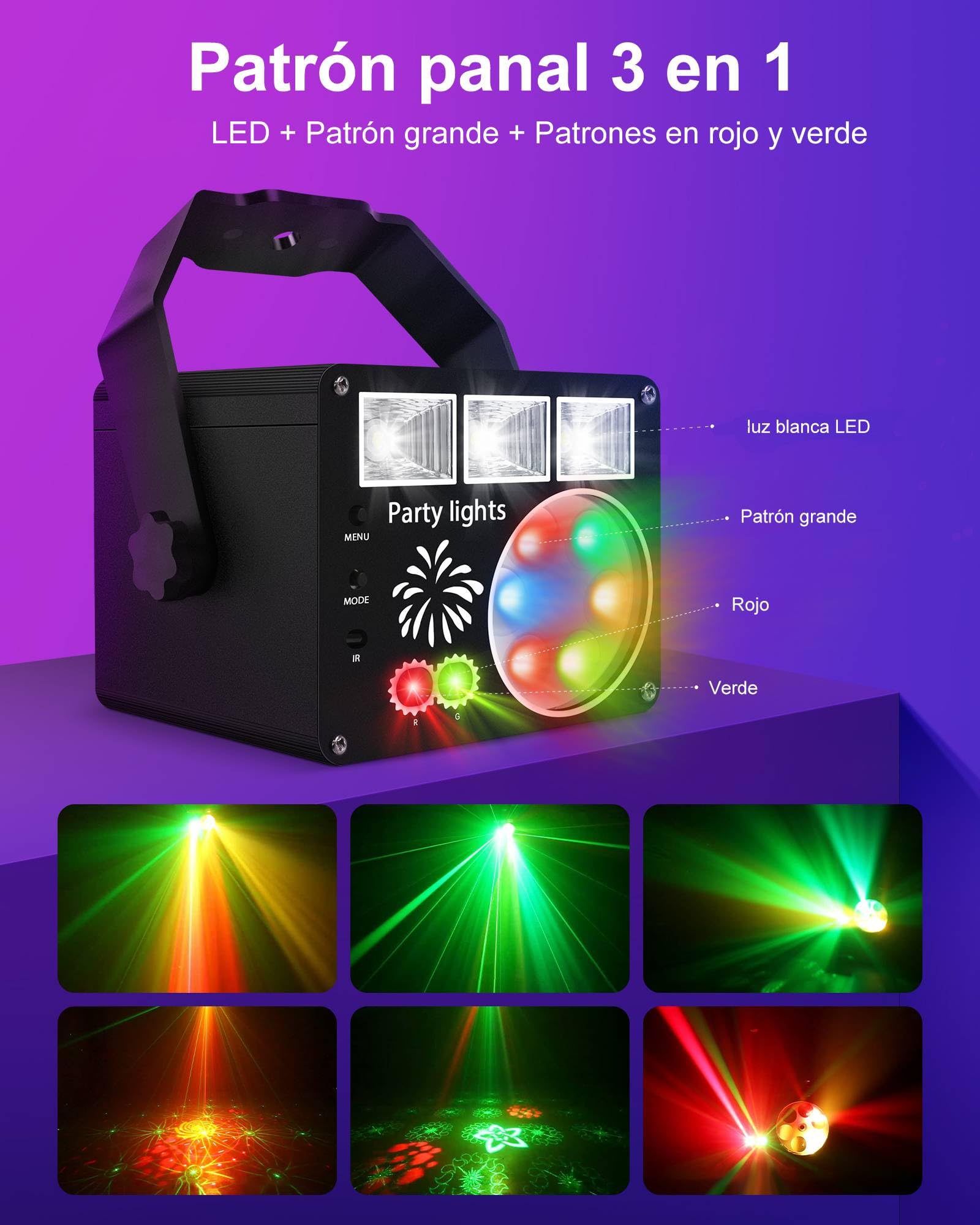 Luces Discoteca, Luz Discoteca con Control Remoto, 3 en 1, Luces DJ de Discoteca, Activadas por Sonido Luz Lámpara de Proyección LED para Casa,Fiesta, Cumpleaños, Bar, Navidad