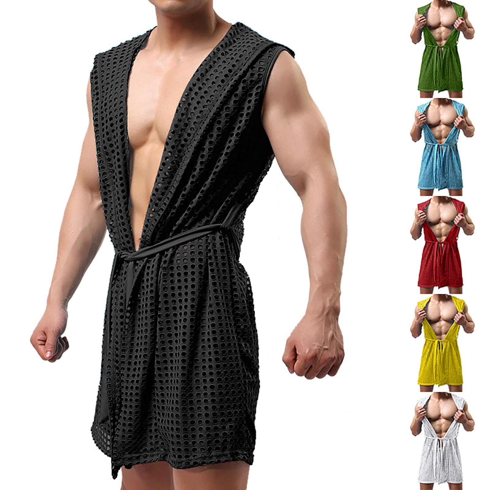 Peignoir en maille pour homme - Sous-vêtements transparents - Kimono - Col châle - Vêtement de détente - Robe de chambre sexy avec ceinture - Léger et confortable - Vêtement de nuit érotique