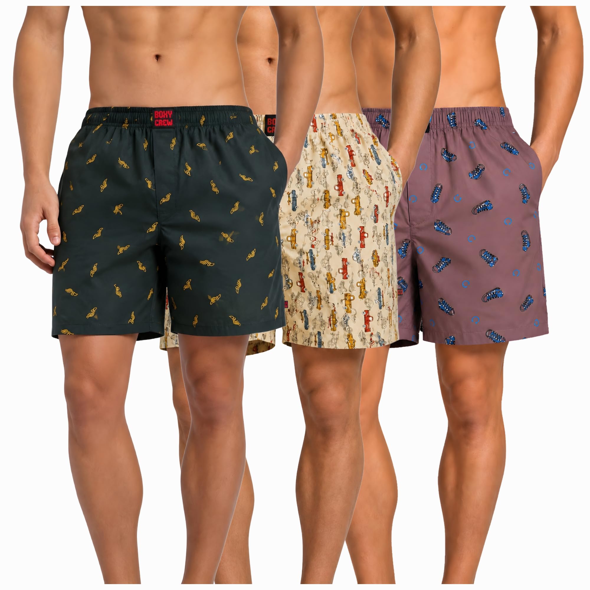 Men's 100% Cotton Boxer Shorts Pack of 3, Dark Teal, Beige & Mauve | Woven Boxers with Side Pockets, No-Marks Elastic Waistband, Breathable Relaxed Fit | Style 010-013-015-image-44