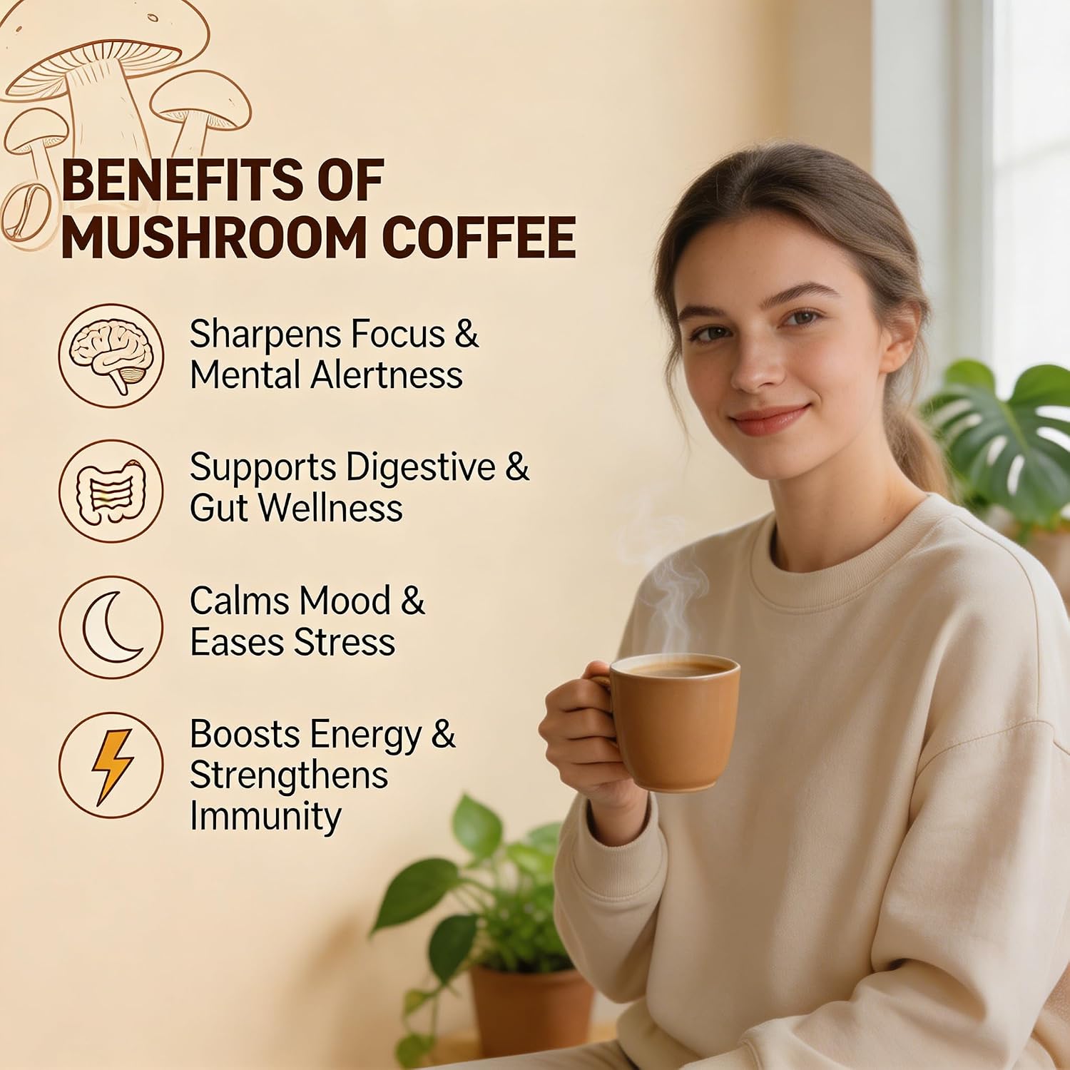 Mushroom Coffee – Superfood Blend with 6 Adaptogens (Lion’s Mane, Cordyceps, Reishi, Turkey Tail) MCT Oil & Enhanced Energy, Focus & Immunity Support | Vegan,Gluten-Free, Non-GMO | 6.35oz image 3