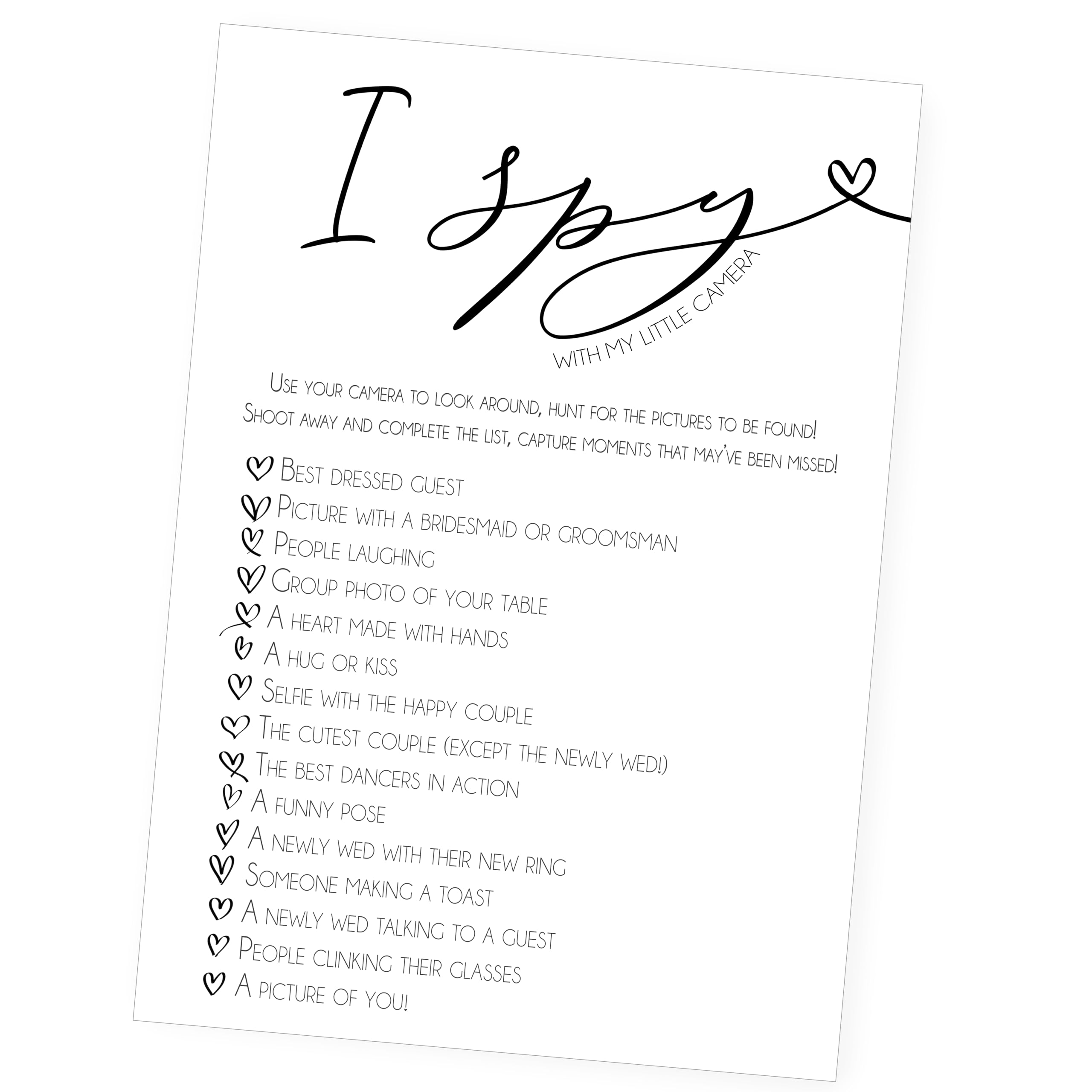 Lovely Little Things I Spy With My Little Camera Wedding Game – 10 Pack A6 Guest Photo Challenge Cards – Fun Wedding Reception Activity & Keepsake for Bride and Groom – Minimalist Design