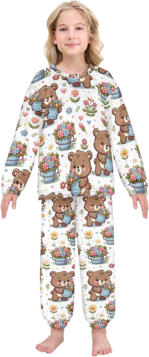 Kids Flannel Sets Cartoon Bear and Flower Bucket Warm Plush Relaxed Clothing for Boys and Girls