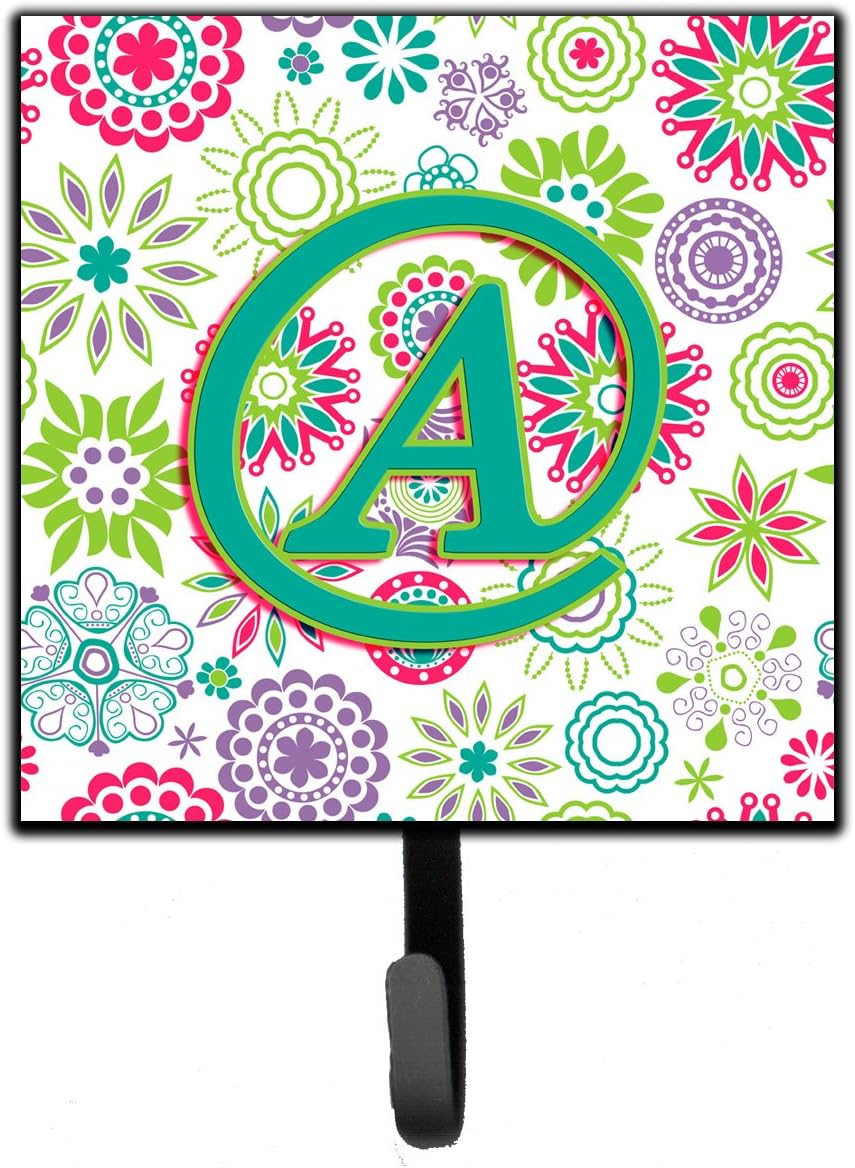 Caroline's Treasures CJ2011-ASH4 Letter A Flowers Pink Teal Green Initial Leash or Key Holder, Wall Hooks, Key Hooks Holder, Coat Rack Wall Mount, Coat Hooks, Hooks for Hanging Keys, Towels, Aprons, L