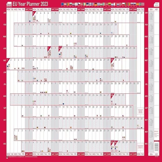 Sasco 2023 EU Year Wall Planner with wet wipe pen & sticker pack, Red, Board Mounted, 915mmW x 610mmH. 2410198