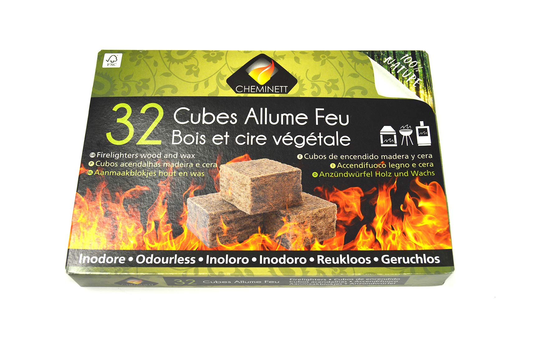 15751-32 Cubos Encendido precortados Cheminett naturales para encender chimeneas, estufas y barbacoas