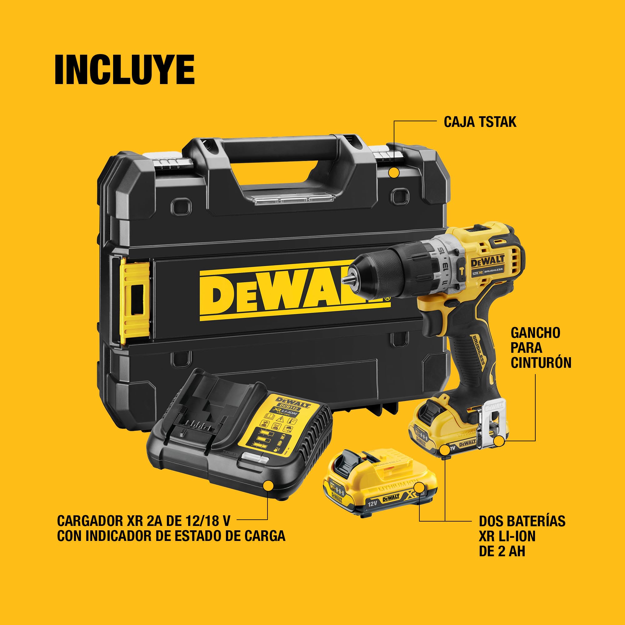 DEWALT Taladro percutor sin escobillas XR 12V con 2 baterías XR Li-Ion de 2Ah y un cargador en caja TSTAK, DCD706D2-QW