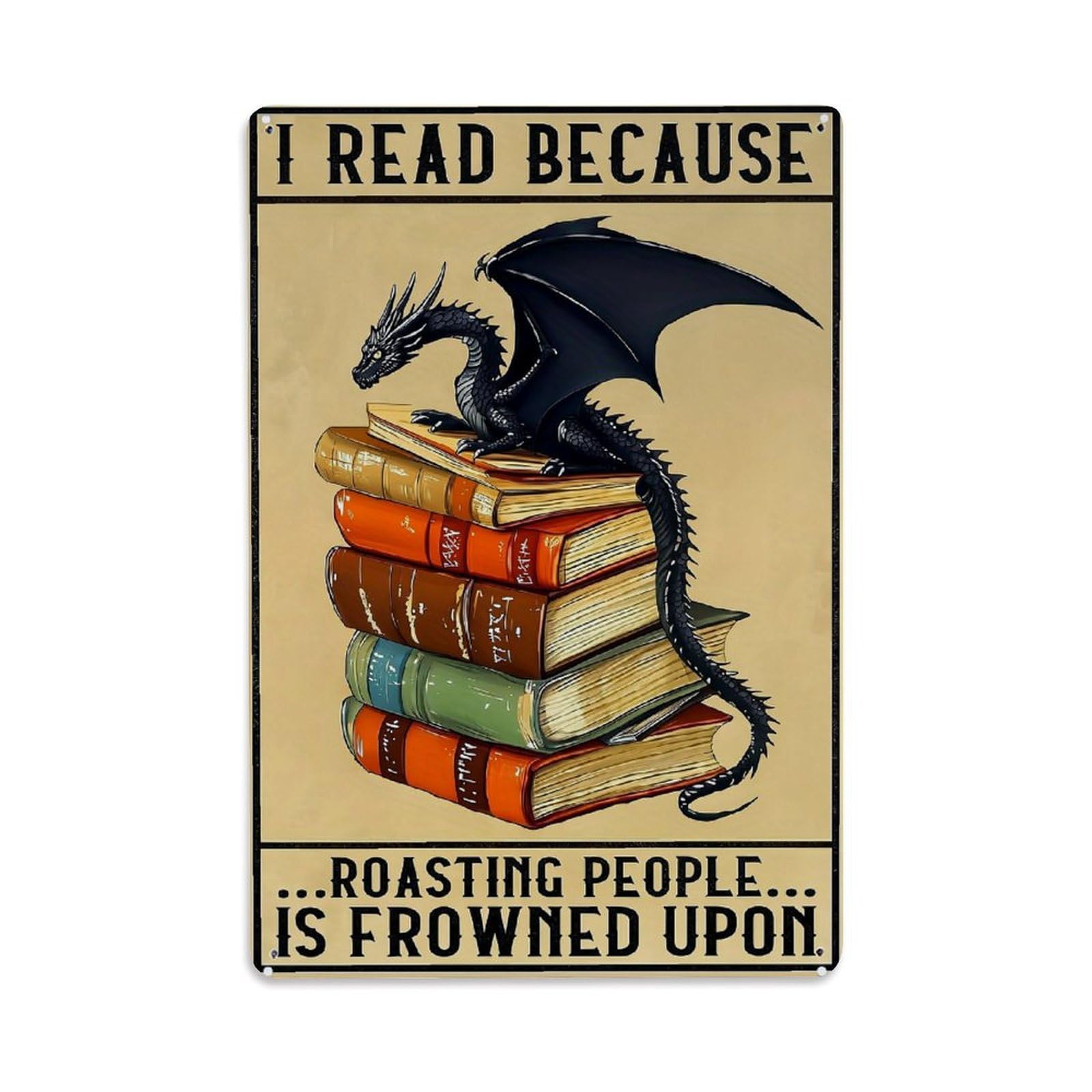 Bliveurn Vintage Dragon On Stack Of Books_2 Retro Metal Tin Sign, Metal Poster For Home, Gaming Room, Studio Workshop,Bar,Garage Wall Art Decor 8X12 Inch