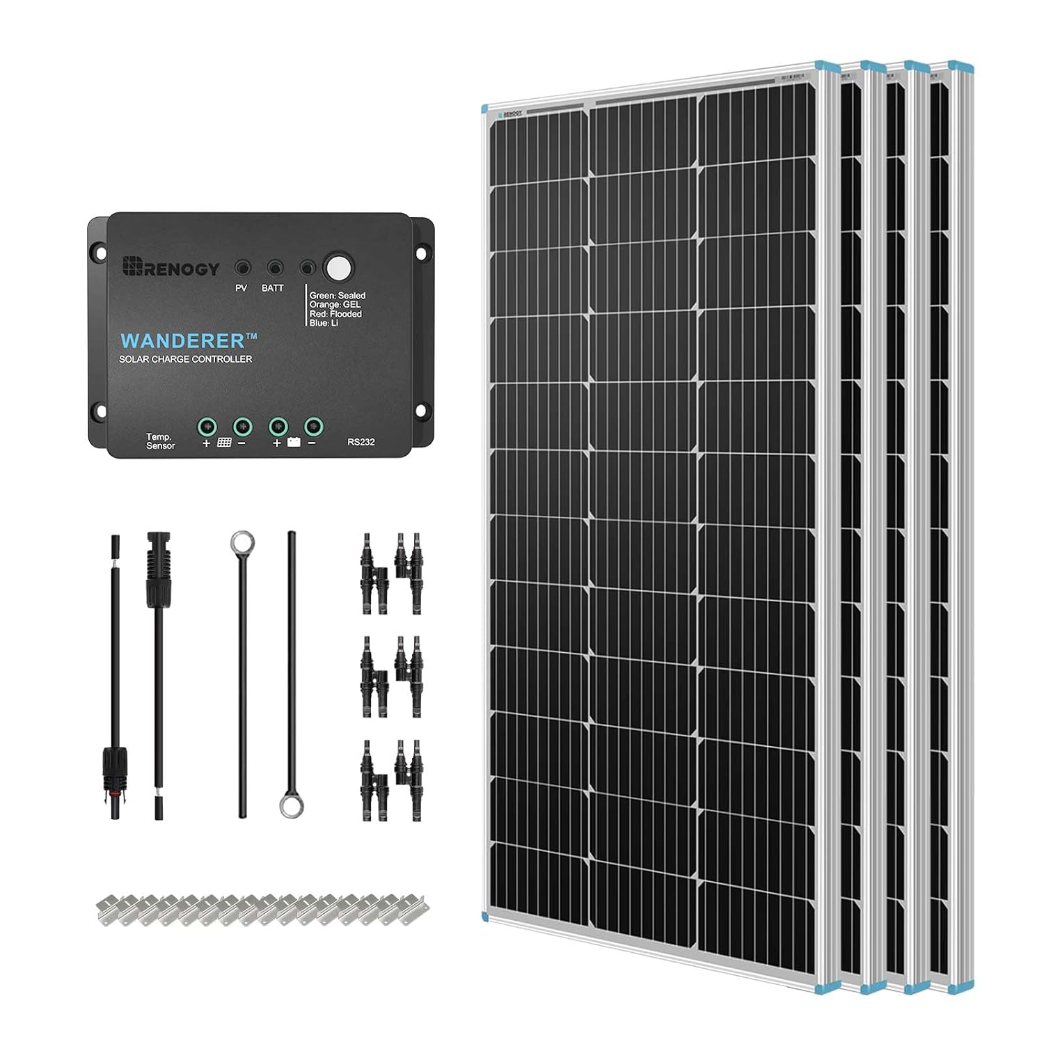 Renogy 400 Watts 12 Volts Monocrystalline Solar RV Kit Off-Grid Kit with Adventurer 30A PWM LCD Charge Controller+ Mounting & 30A Male and Female Connector Waterproof in-Line Fuse Holder, Black