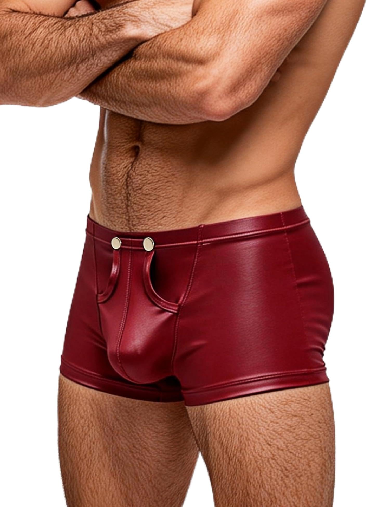 Sexy Boxershorts Herren mit Öffnung PU Leder Unterwäsche mit Beutel Große Größen Unterhosen mit Knöpfe Sissy Dessous Männer Reizwäsche Erotische Shorts Slips Elastizität Hipster Gay Clubwear Rot,M