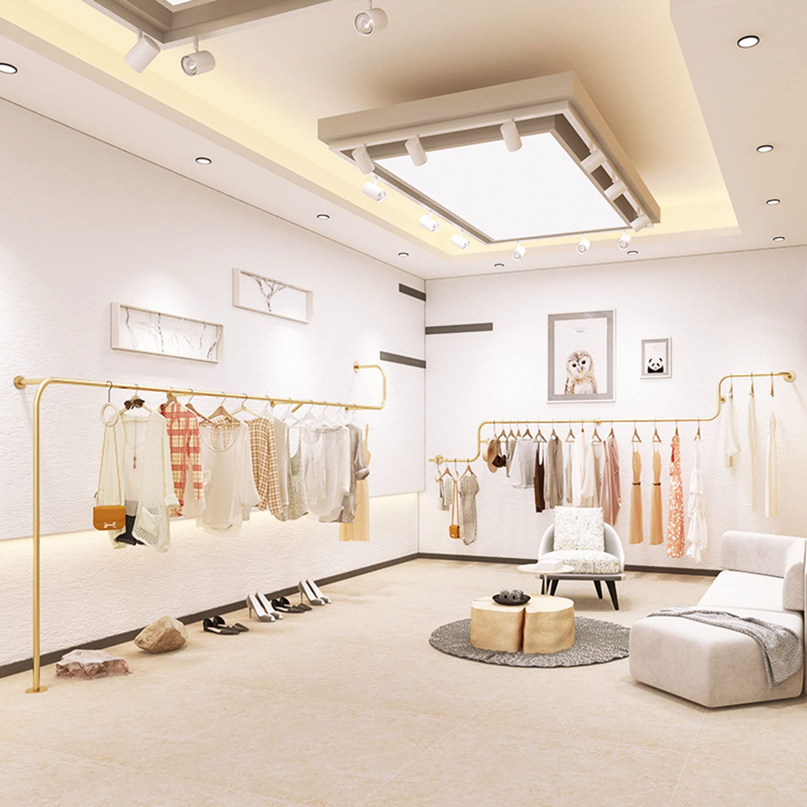 An der Wand montiertes Präsentationsregal aus Metall für Bekleidungsgeschäfte, Schlichter, Goldener Kleiderbügel für Boutique-Bekleidungsgeschäfte, modernes Präsentationsregal für die Aufbew