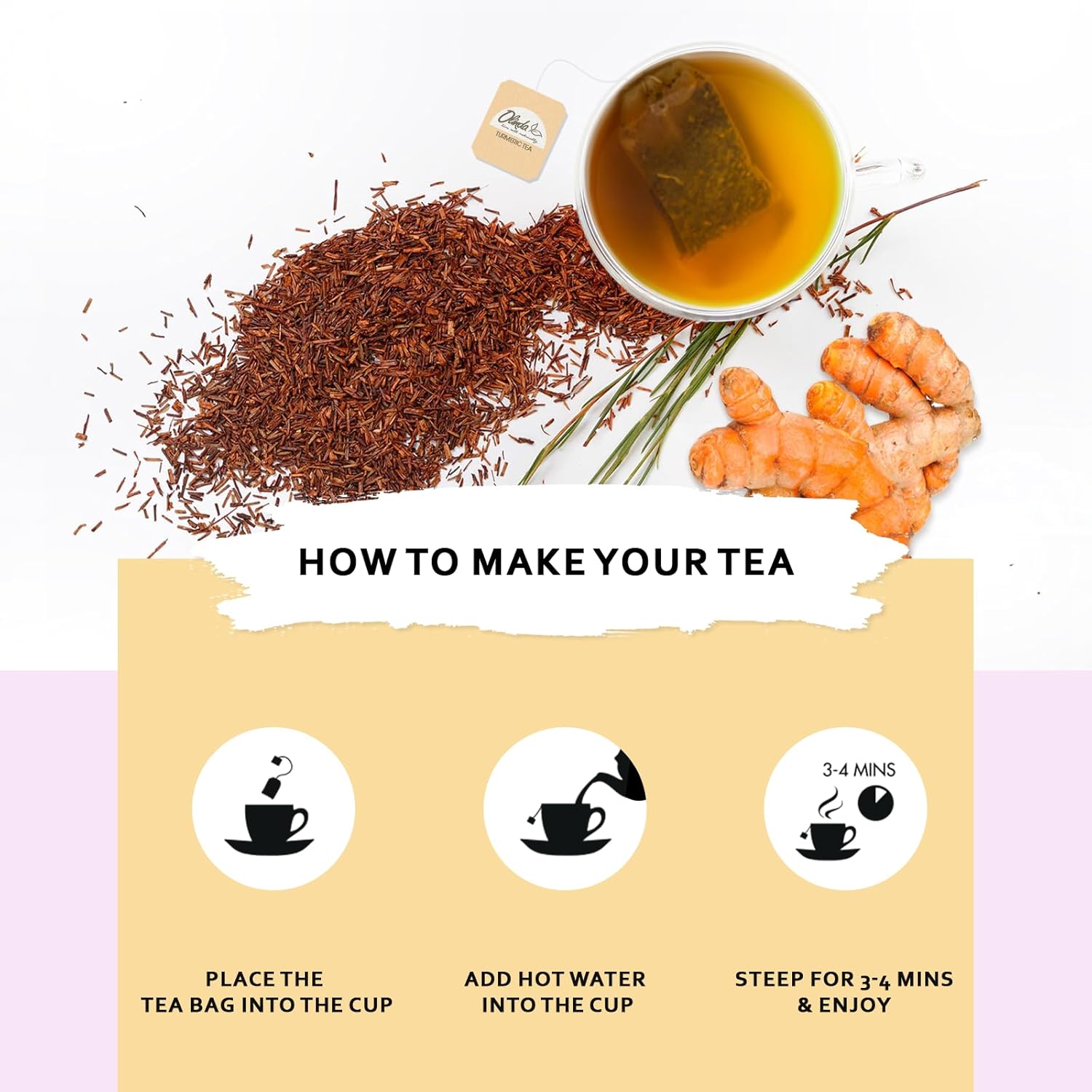 Olinda Turmeric Rooibos and Pepper Herbal Tea Caffeine Free Tea 28 Tea Bags Hot or Cold Brew - Image 3