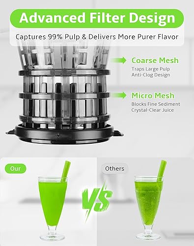 Miniatura 5 de Exprimidor de prensa en frío, masticación lenta con canal de alimentación ancho para frutas y verduras enteras  Mayor rendimiento de jugo y