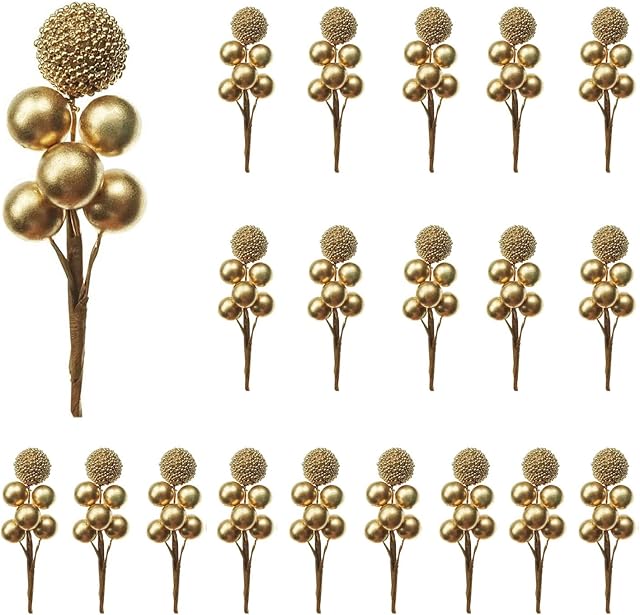RXXR 20 Branch Gold Holly Berry Stems Artificial Berries Picks Christmas Berries Decor for DIY Garland, Gift Packaging and Holiday Wreath Ornaments