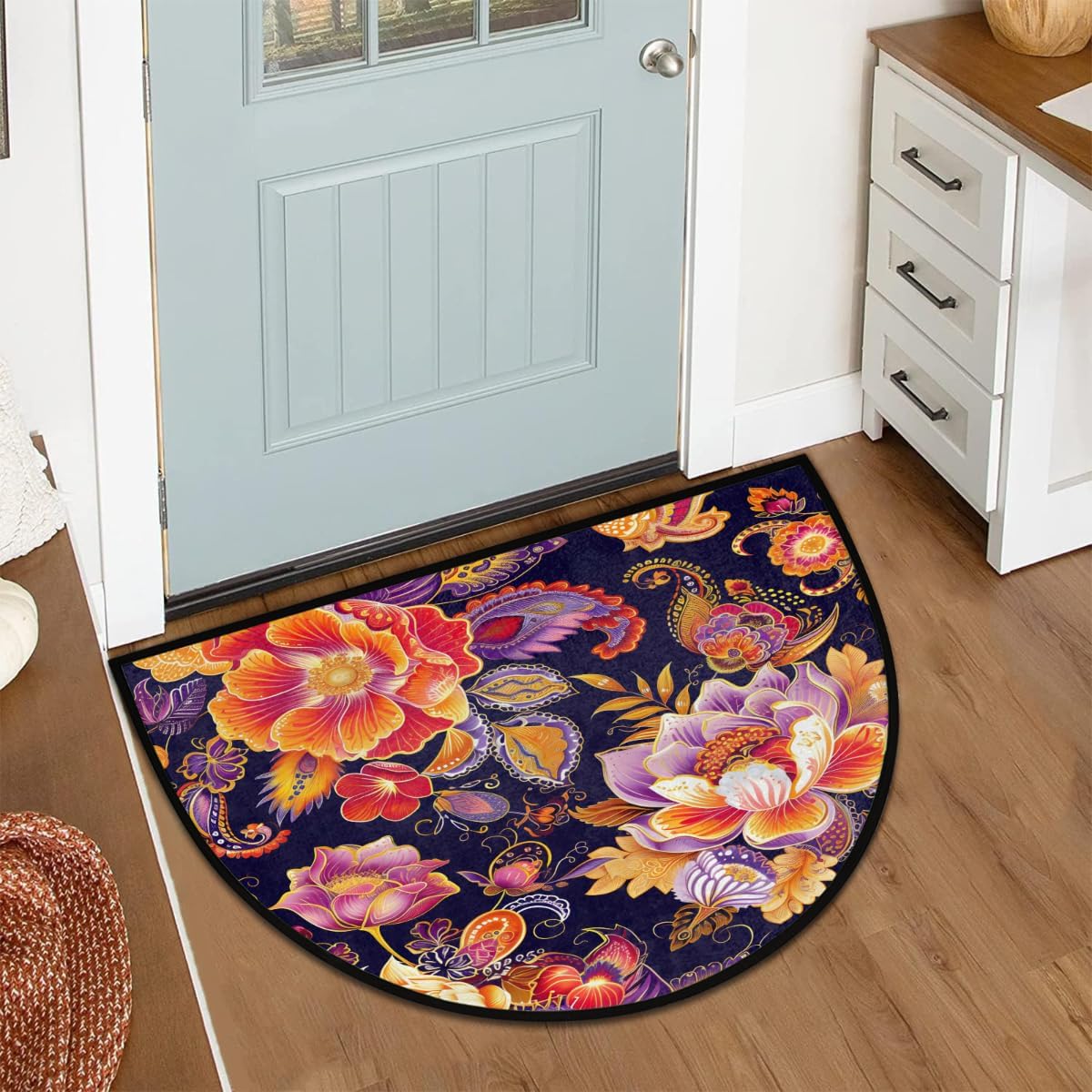 Flower Boho Ethnic Half Round Doormat Washable Semi Circle Rug Non Slip Half Moon Rug Floor Mat for Indoor Outdoor Bathroom Kitchen Fireplace Entryway Bath Holiday Decor
